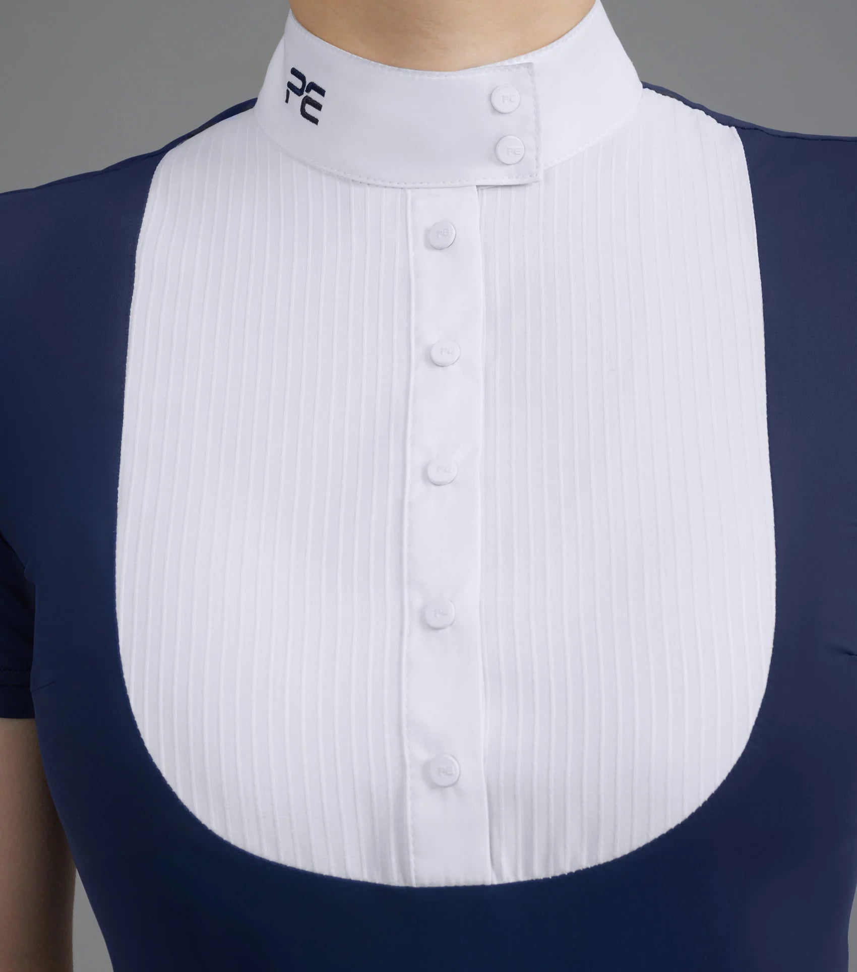 Premier Equine Famosa Navy & White Competition Shirt - Ladies Equestrian Apparel, Short Sleeve Show Shirt with Embroidered Logo