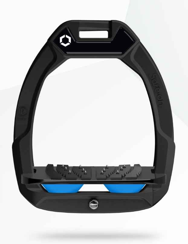 Flex-On Safe-On Stirrups: Equitation, Riding, Safety - Black/Light Blue - Reduce Fall Injuries