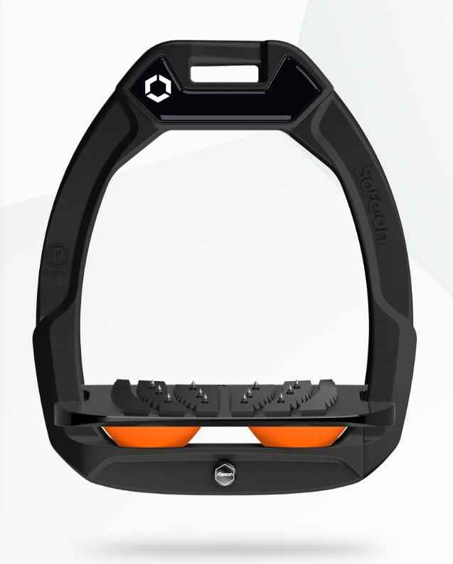 Flex-On Safe-On Stirrups Black/Black/Orange: Equestrian safety stirrups with ultra grip and shock absorption.