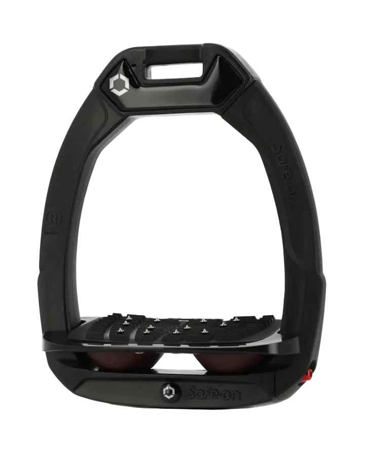 Flex-On Safe-On stirrups: Black/Black/Plum, inclined ultra grip, shock absorbing safety stirrups for riders.