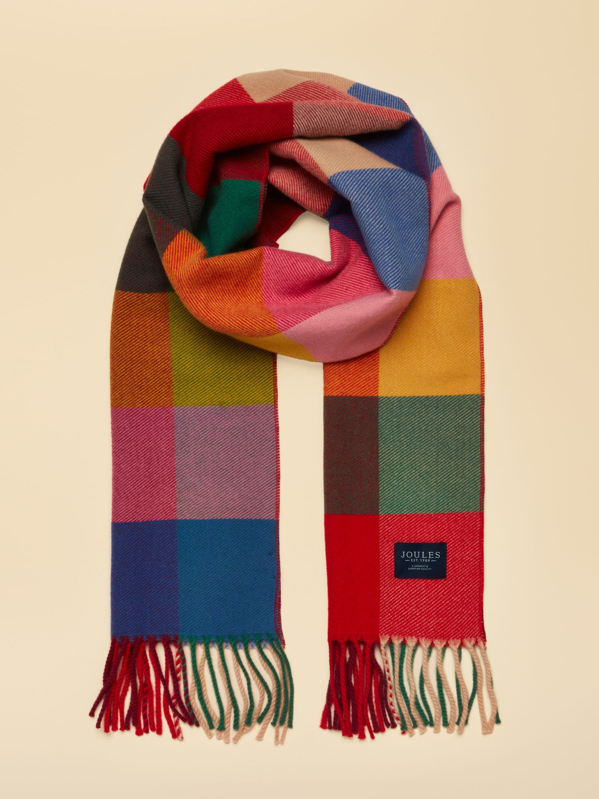 Joules women's bright gingham plaid scarf with tassel fringes. Cozy and vibrant.