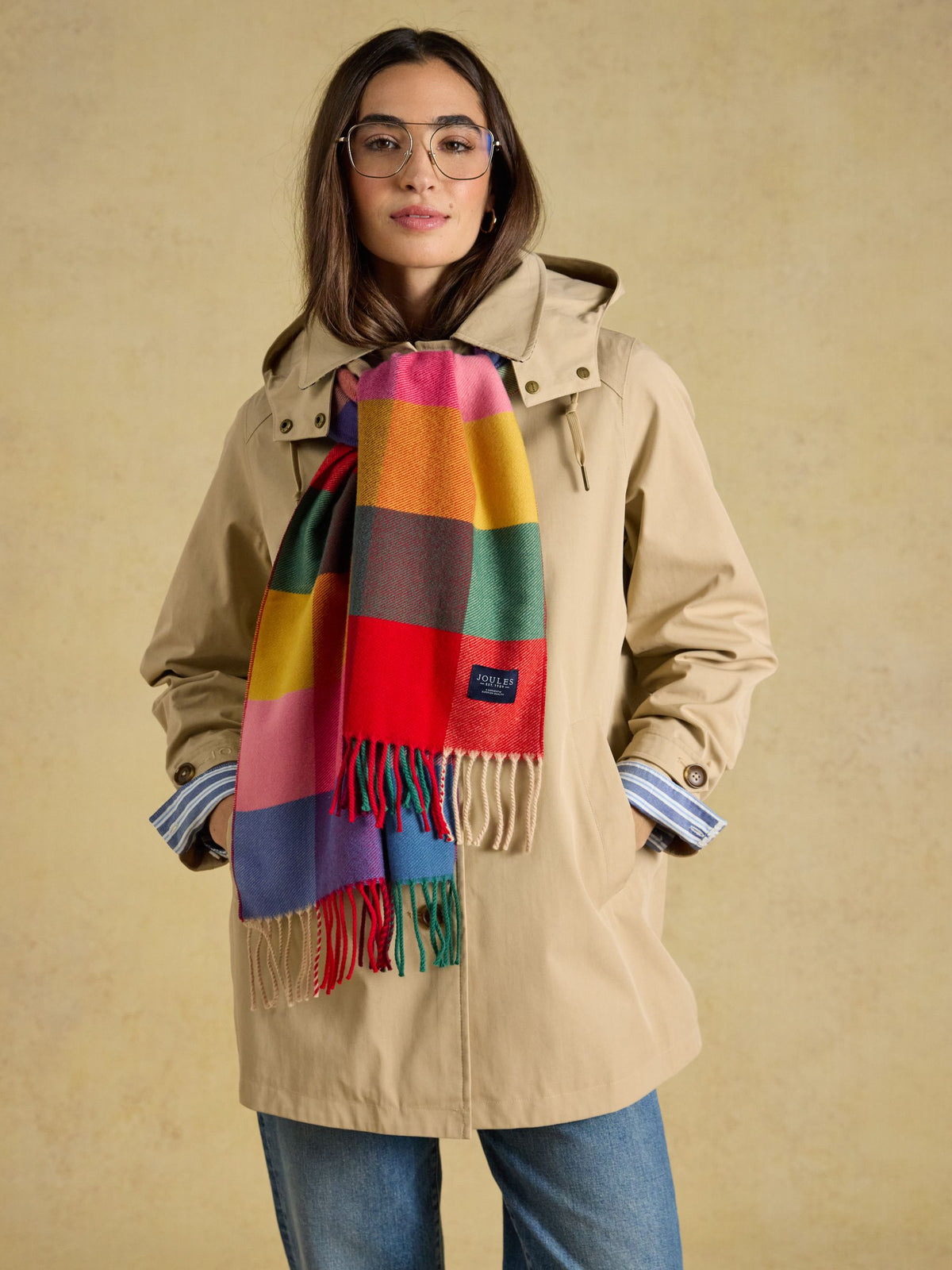 Women's Joules Langtree colorful bright gingham plaid scarf, cozy soft knit fashion accessory