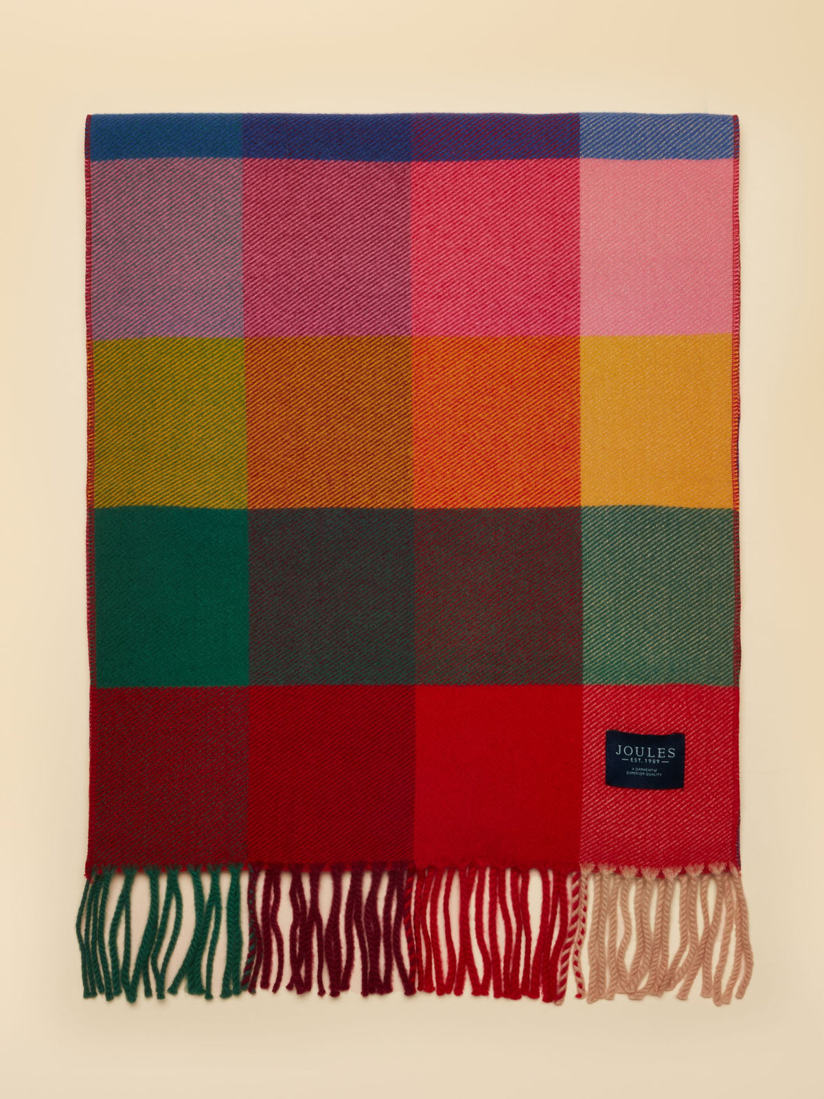 Joules Women's Langtree Bright Gingham Plaid Winter Scarf with Tassels