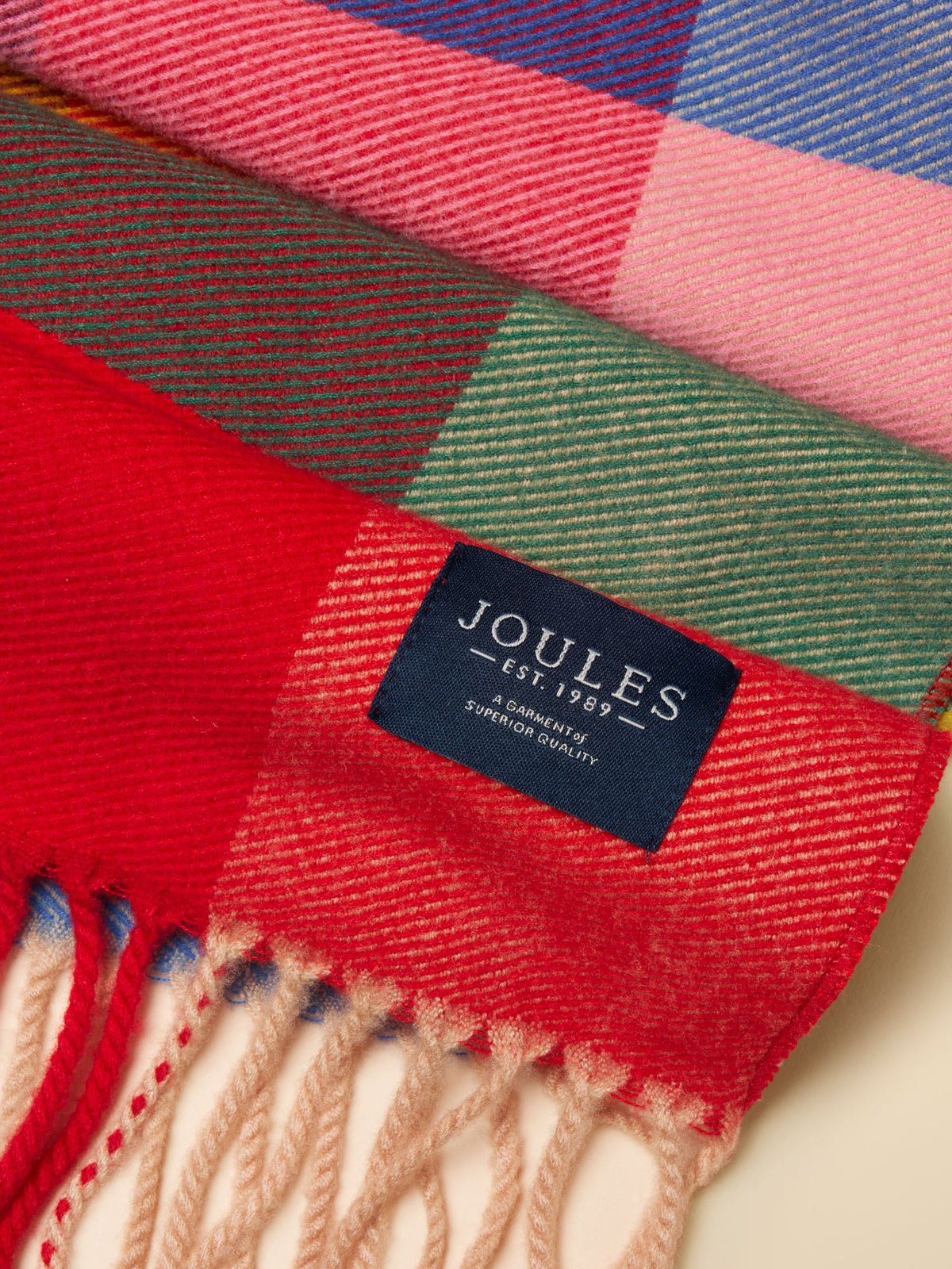 Joules Women's Bright Gingham Plaid Scarf with Tassel Fringe - Cosy Soft Knit