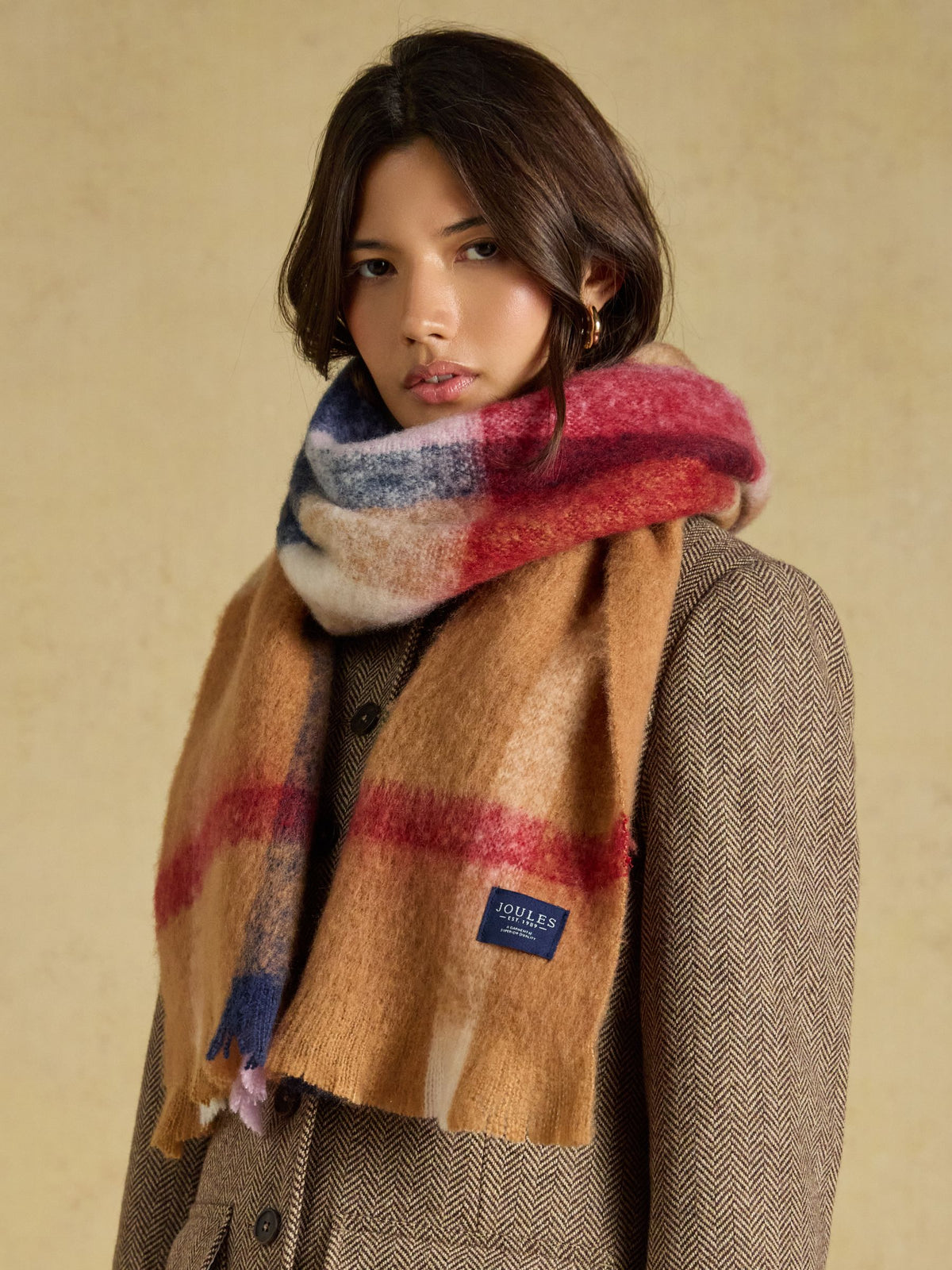 Joules Women's Betsy Tan Brown Check Plaid Scarf - Warm, Cozy, Oversized Winter Fashion Accessory