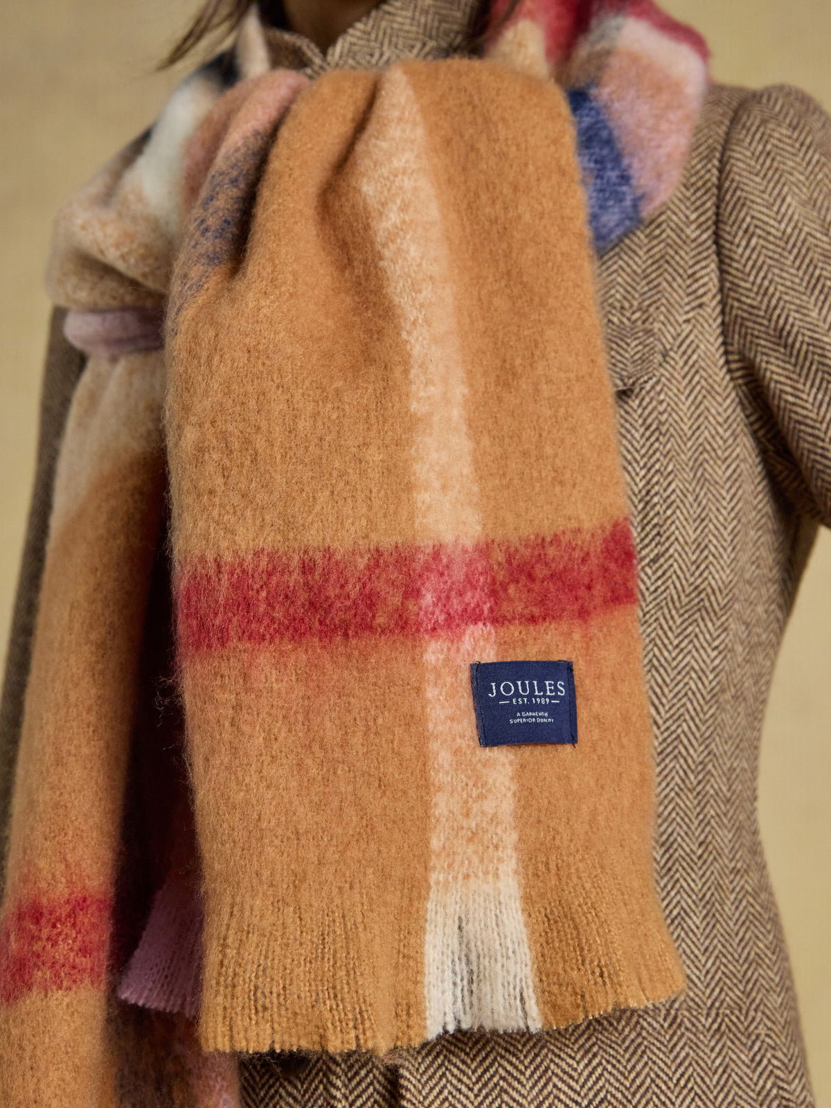 Joules Women's Tan Brown Check Brushed Scarf - Ultra-Soft Polyester with Tassel Edges