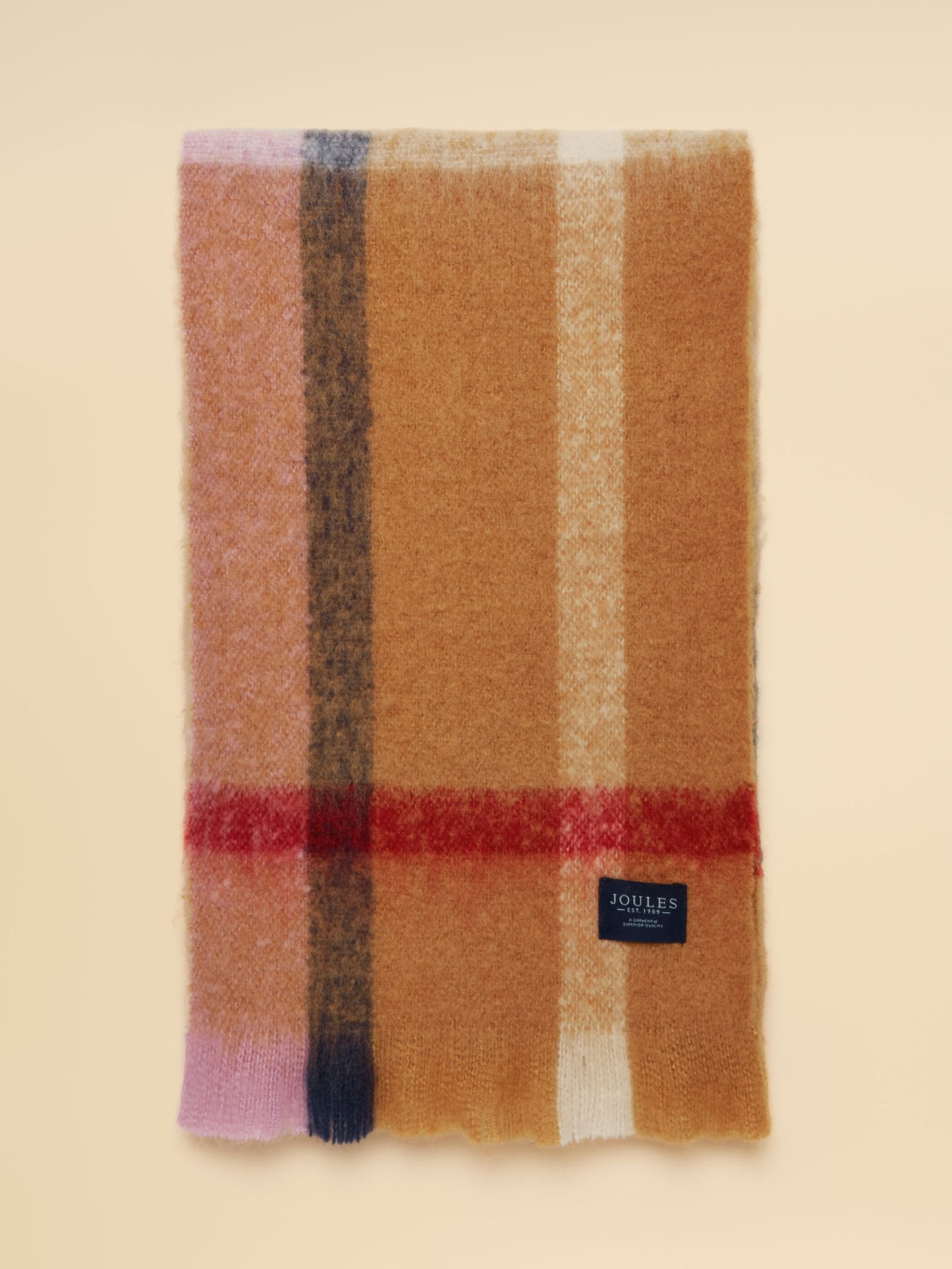 Joules Women's Oversized Tan Brown Check Scarf with Tassel Edges