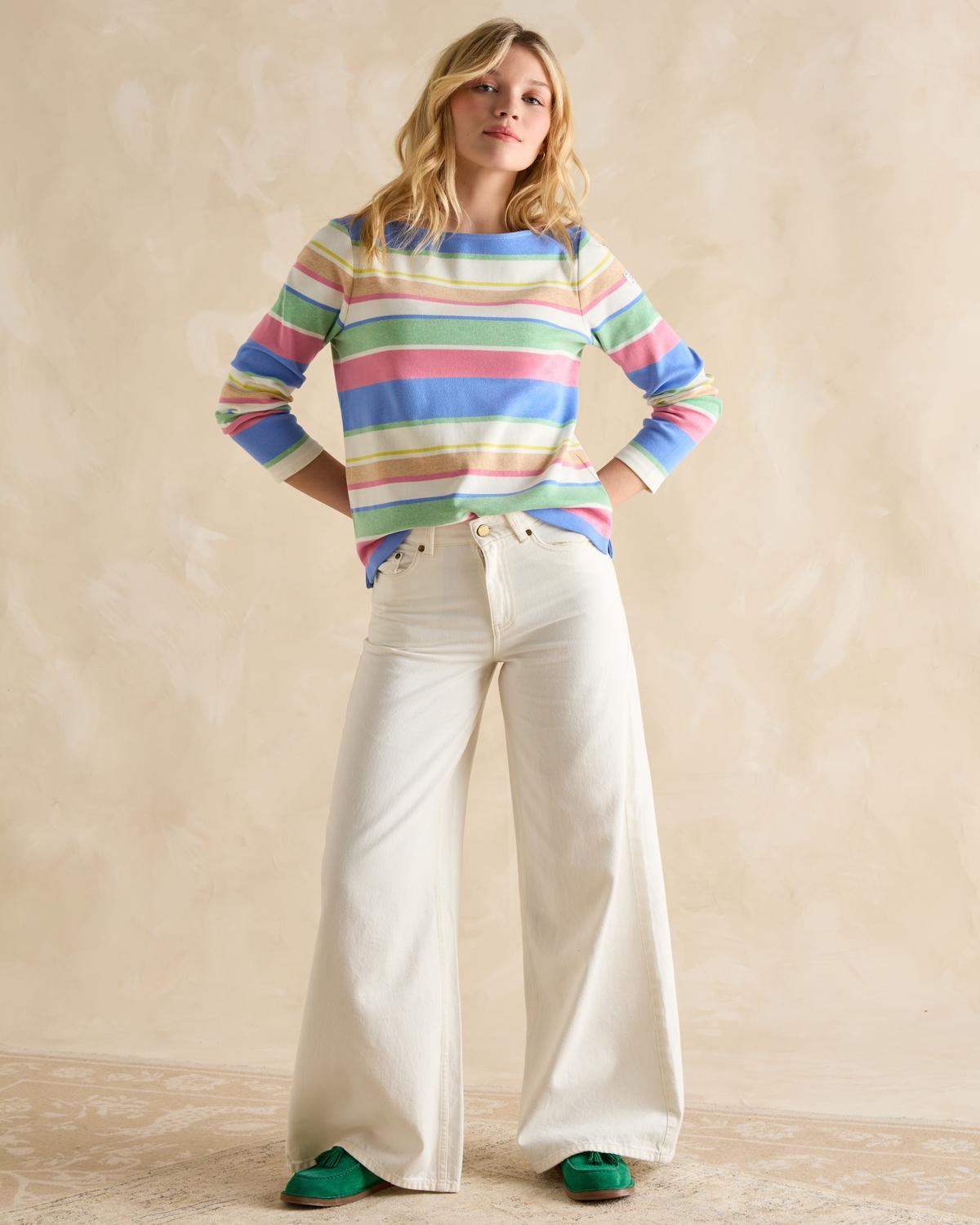 Joules Harbour Top in Pastel Stripe with White Wide-Leg Pants - Women's Fashion