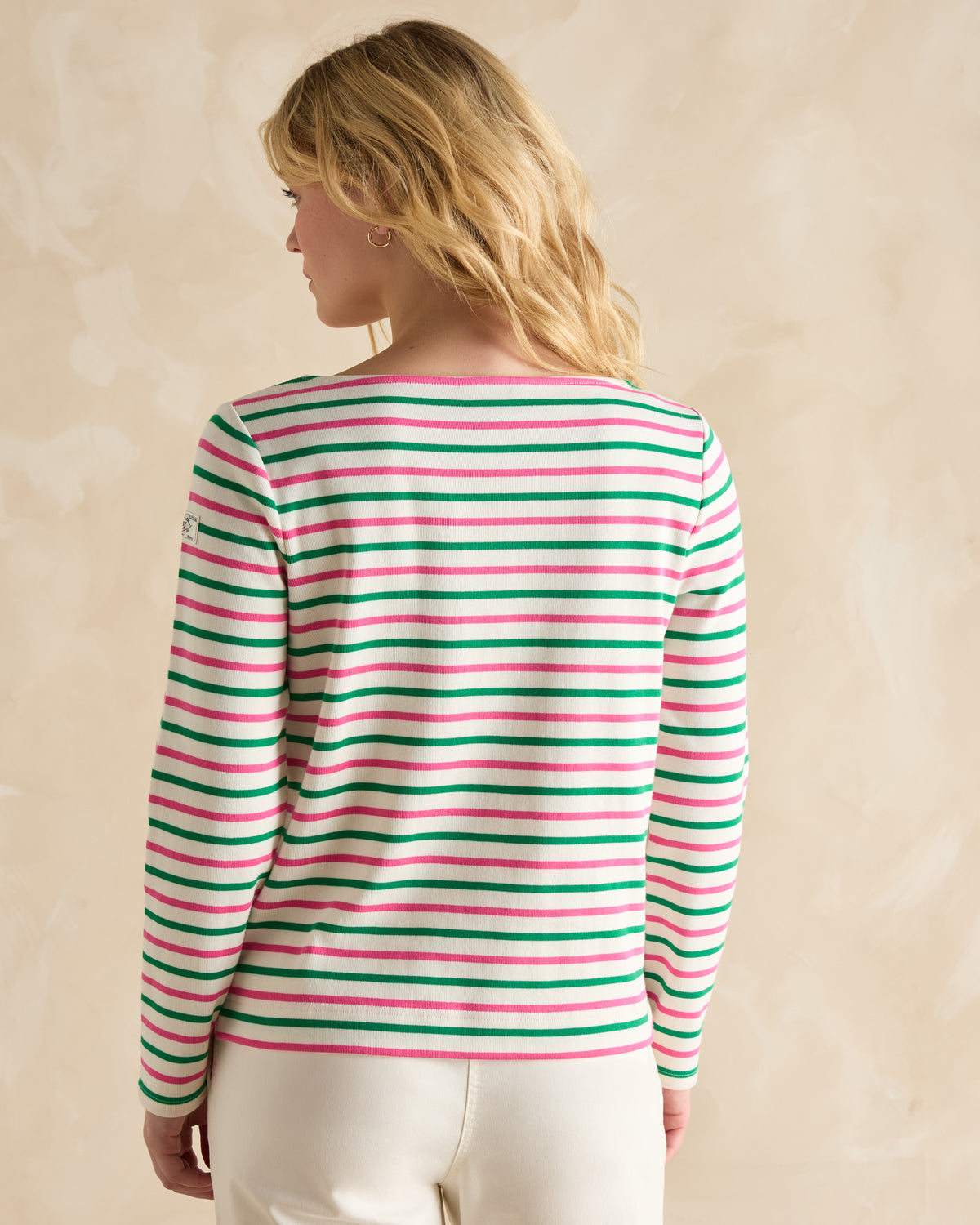 Joules Harbour Top - Pink & Green Striped Breton Shirt for Women. Long Sleeve, Relaxed Fit.