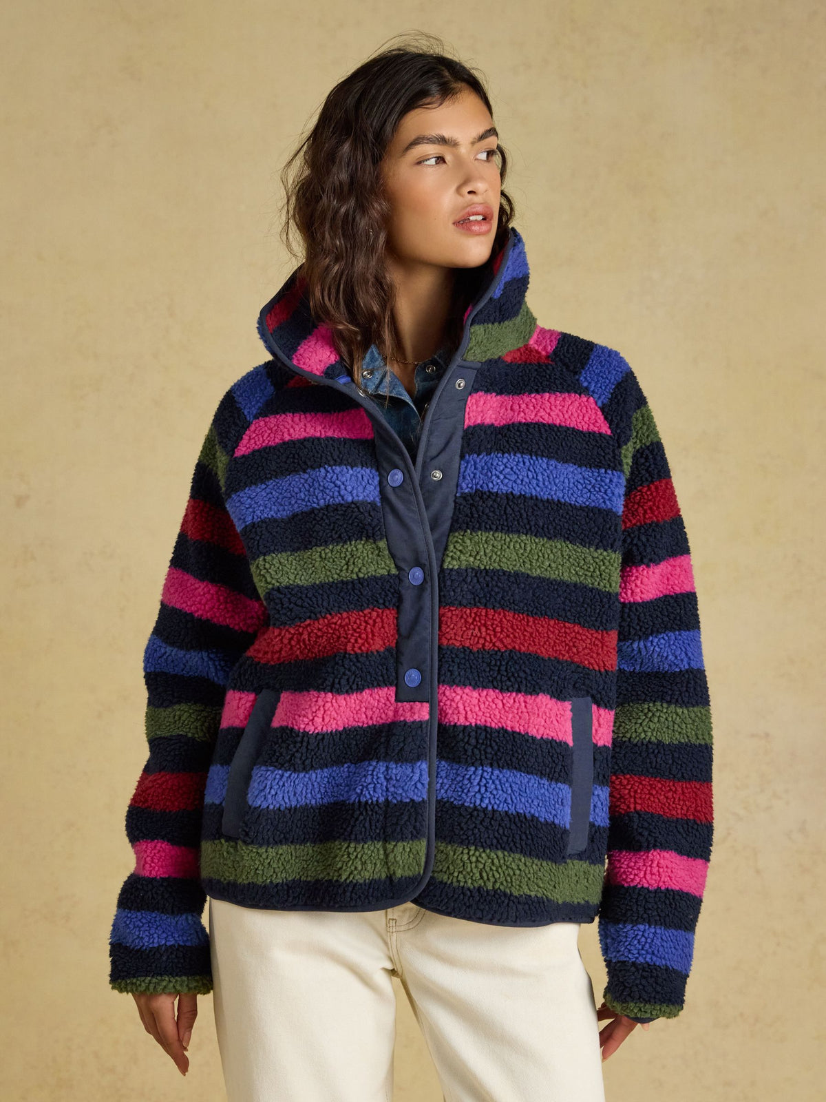 Women's Joules Navy Stripe Borg Fleece Jacket - Cozy striped fleece for warmth and style