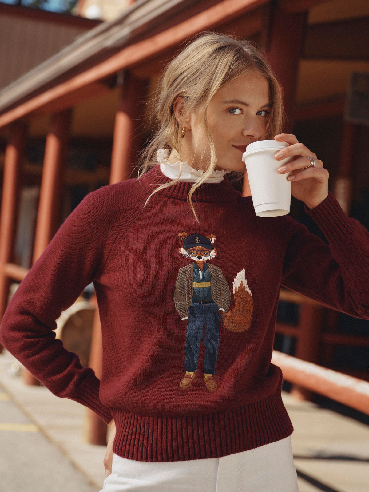 Women's burgundy embroidered fox crew neck winter knit jumper by Joules.