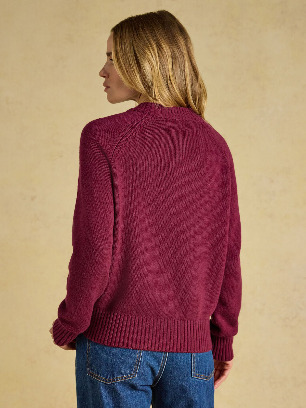 Joules women's burgundy red knit jumper with embroidered fox graphic