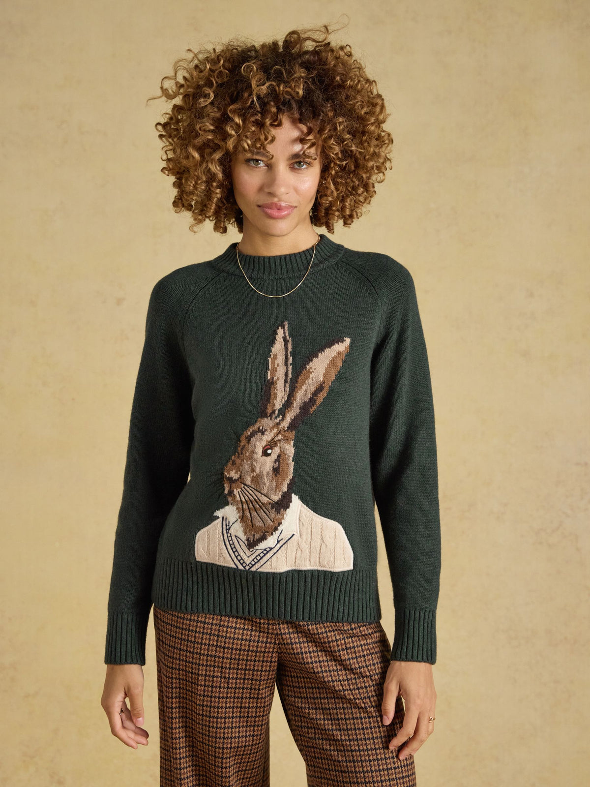 Women's Joules green knit sweater with a detailed hare print intarsia design.