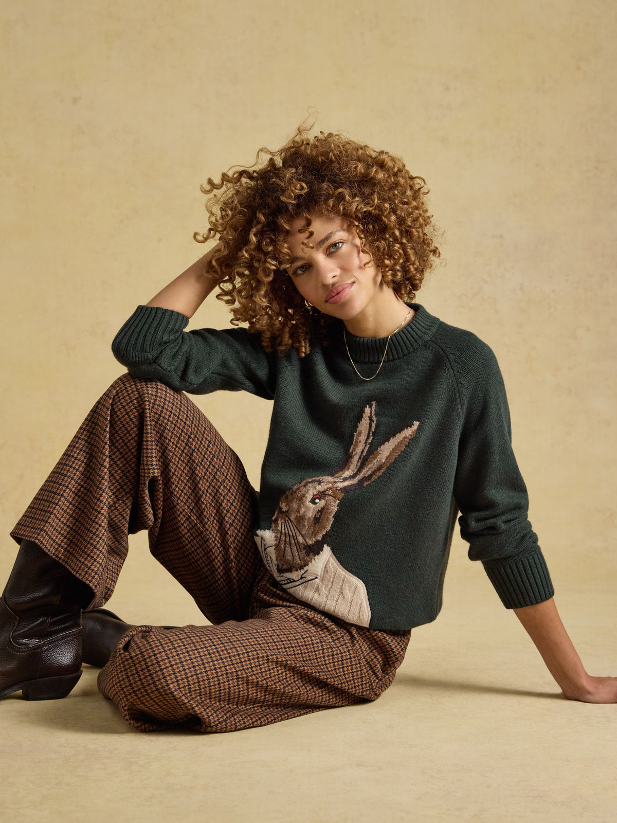Women's green Joules knitted jumper with hare intarsia graphic, cotton blend, wool, Equiflair