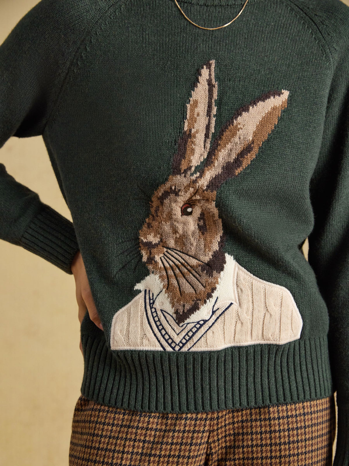 Joules women's green jumper with hare intarsia knit and embroidered detail, cotton blend