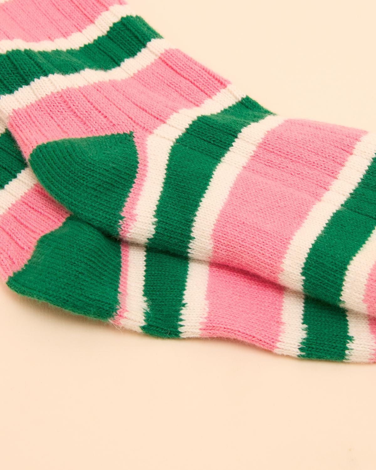 Joules Wader Welly Socks Pink - Green & White Stripes, Cotton Blend for Wellies