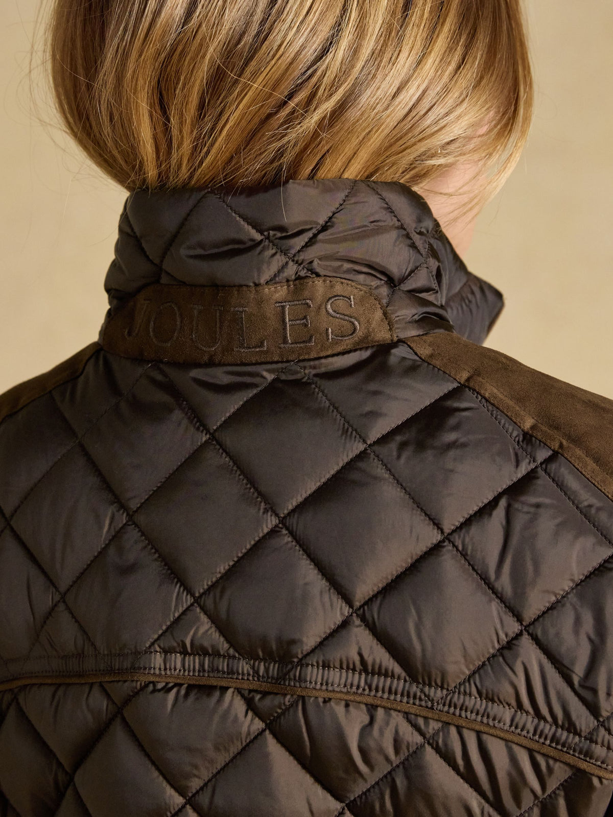 Joules women's brown diamond quilted showerproof coat with suedette accents and embroidery