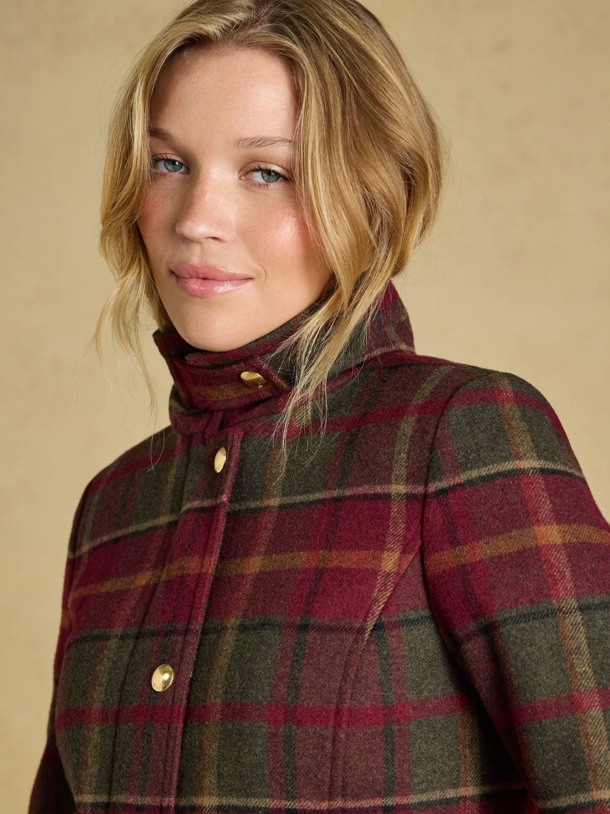 Joules Women's Red Check Wool Blend Heritage Tweed Fieldcoat | Tailored Warm Winter Jacket