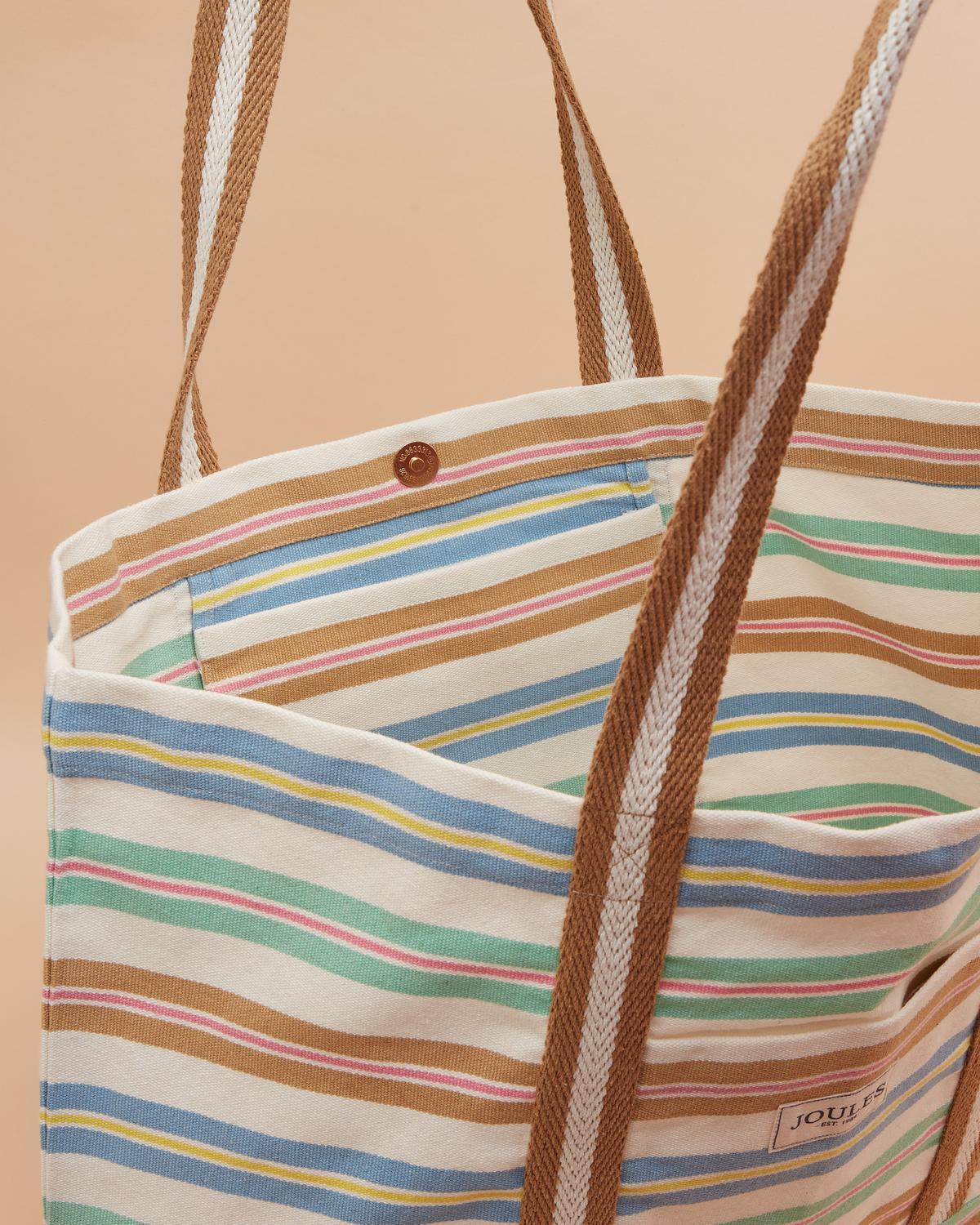 JOULES Promenade Canvas Beach Bag: Striped Tote with Brown Straps, Front Pocket, Cotton, and Branded Tab. Perfect for Summer!