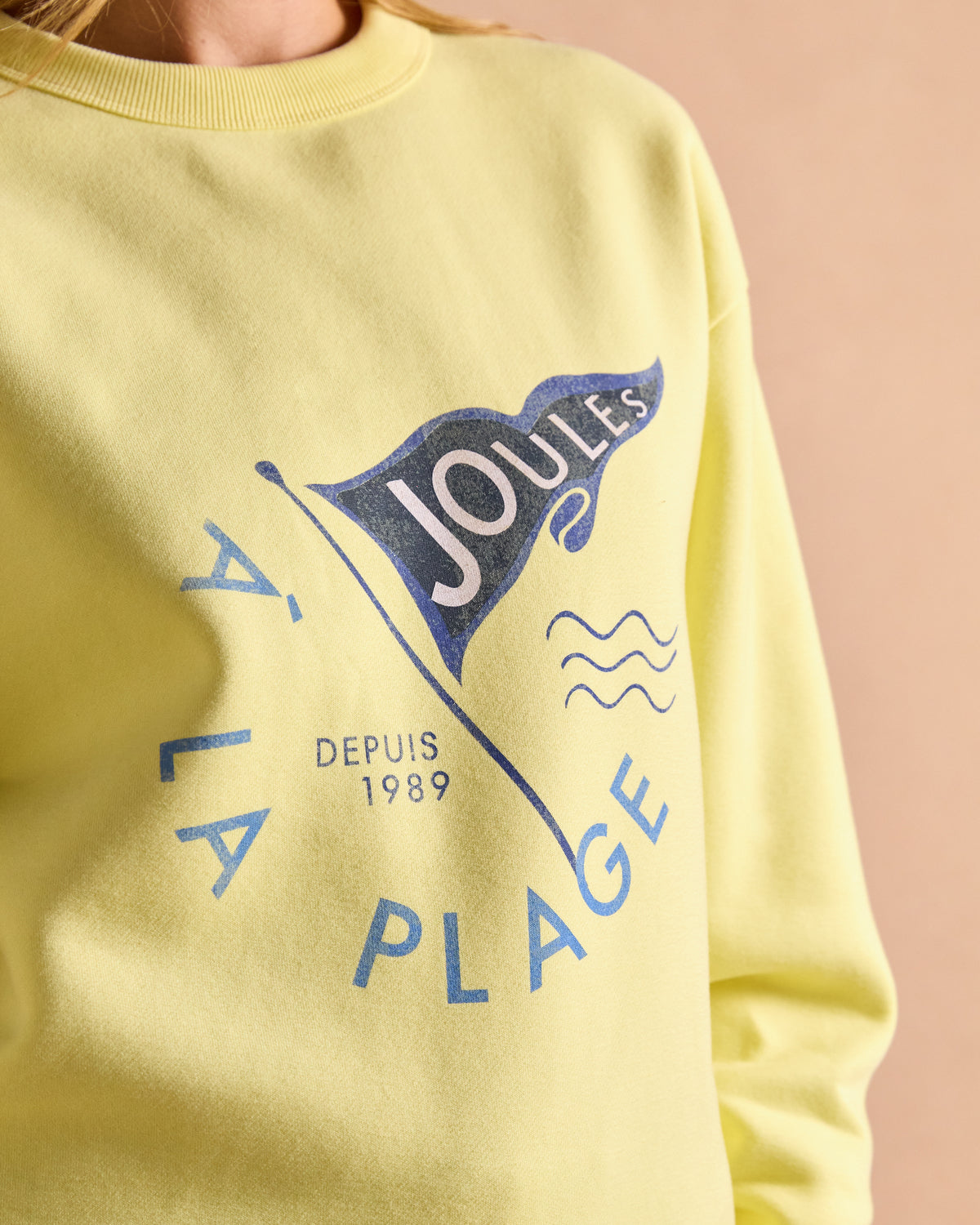 JOULES Graphic Crew Sweat Jumper Yellow: "La Plage Depuis 1989" beach theme sweatshirt
