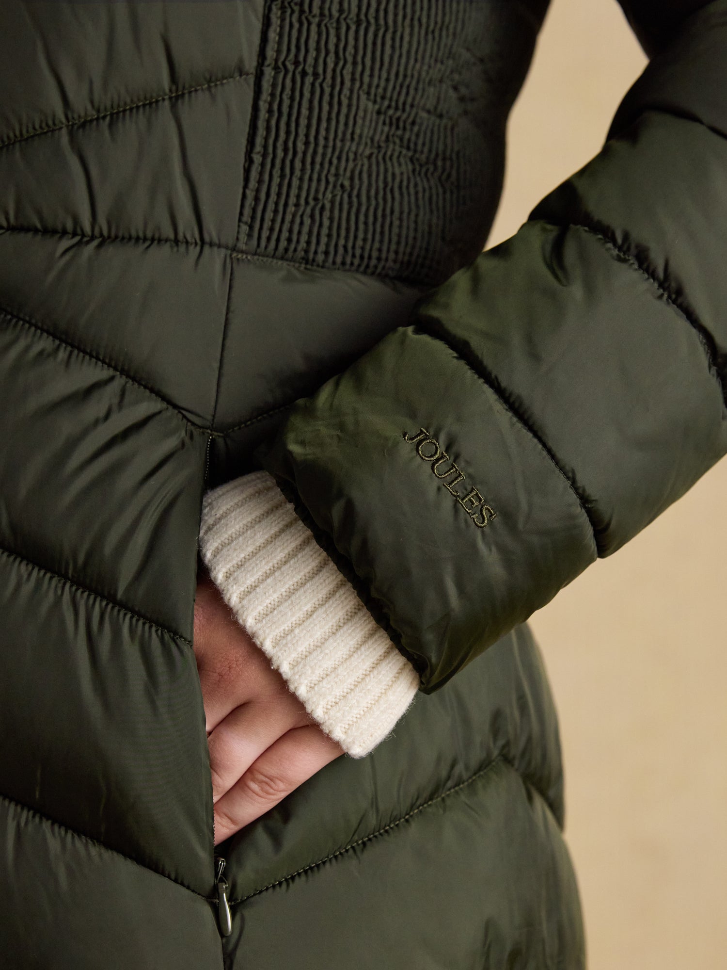 Joules Pembury Khaki Green Showerproof Longline Padded Coat with Hood