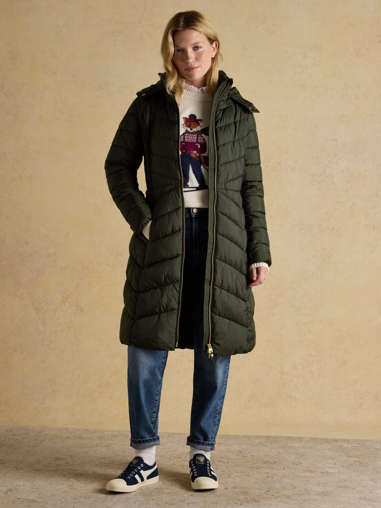 Joules Pembury Khaki Green Showerproof Longline Padded Coat with Hood