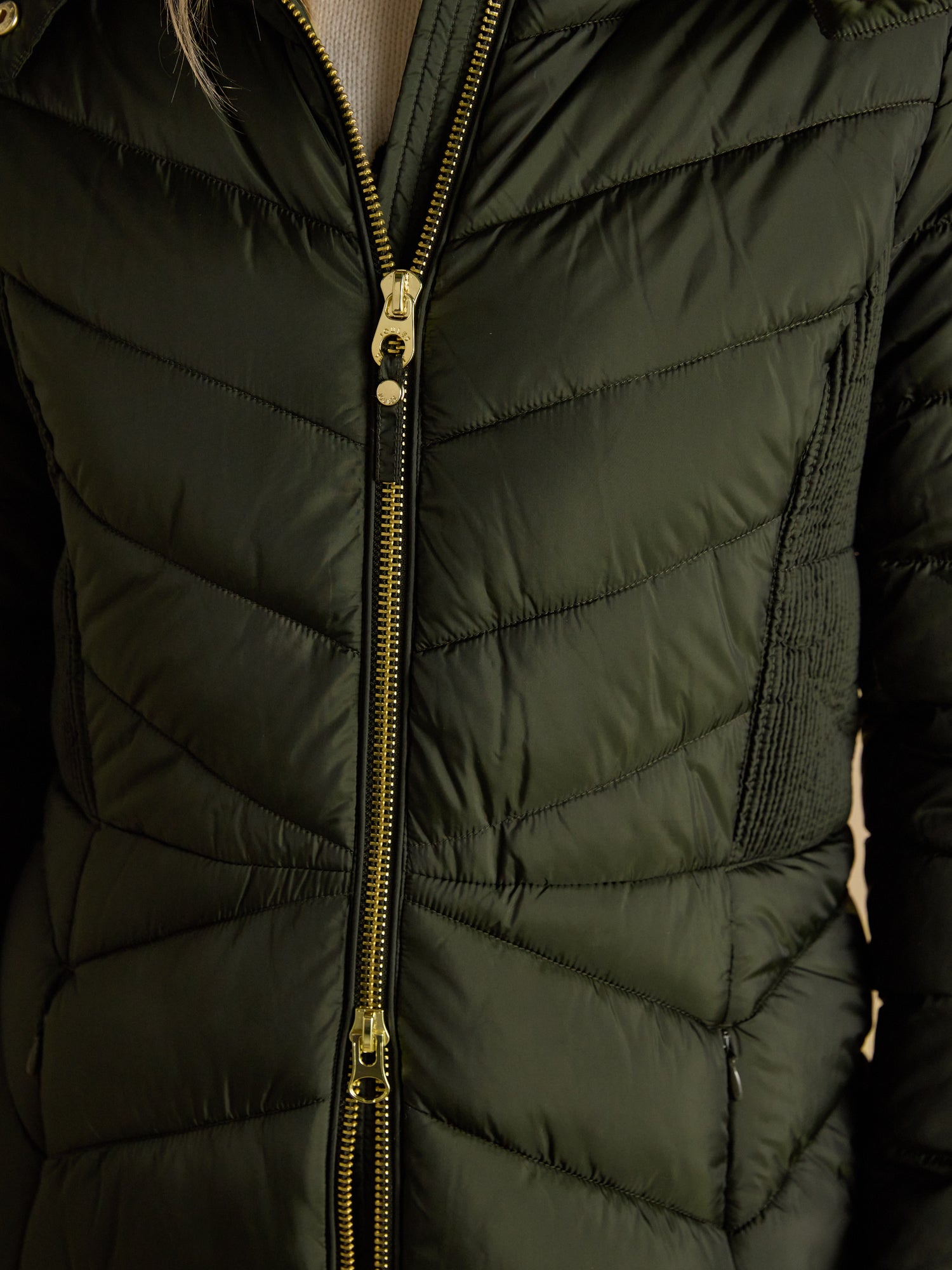 Joules Pembury Khaki Green Showerproof Longline Padded Coat with Hood