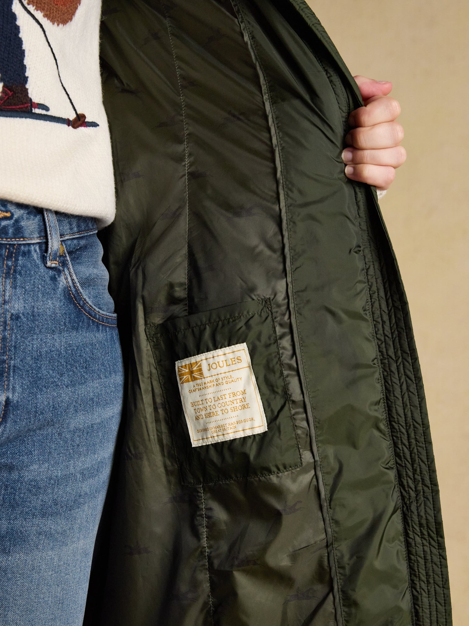 Joules Pembury Khaki Green Showerproof Longline Padded Coat with Hood