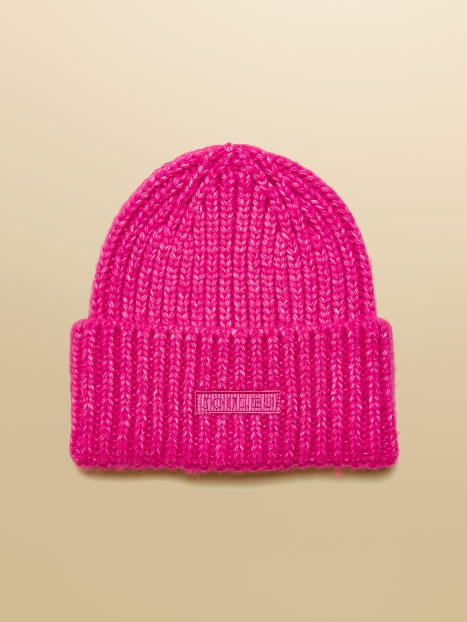 Joules Rosa Hot Pink Beanie Hat - Ribbed Knit Winter Hat, Sustainable Recycled Polyester Blend