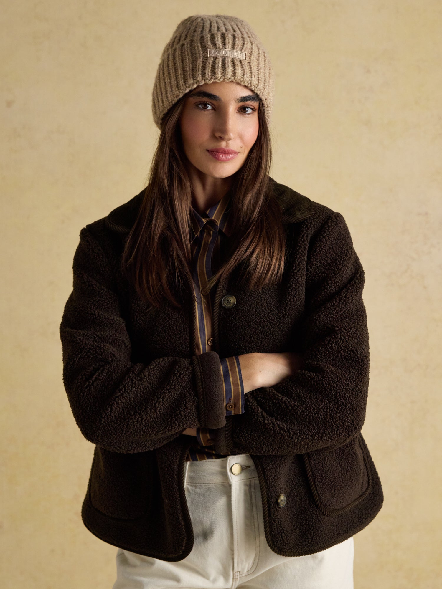 Joules Rosa Oatmeal Beanie - Women's Knit Winter Hat with Turnback Cuff and Joules Branded Tab
