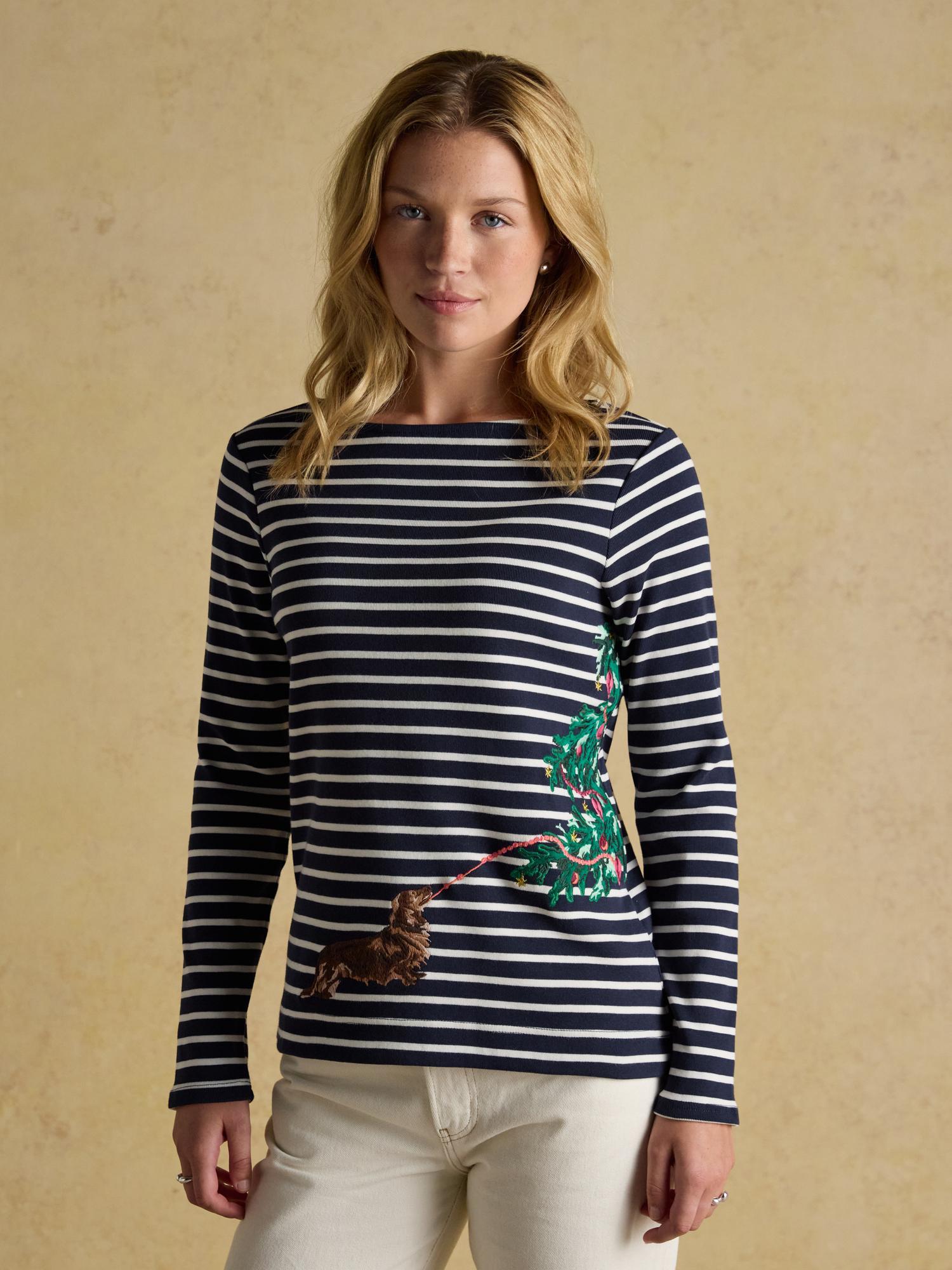 Joules Festive Harbour Dog Breton Top - Navy/Cream Striped Long Sleeve Shirt with Dachshund and Christmas Tree Design - Equiflair