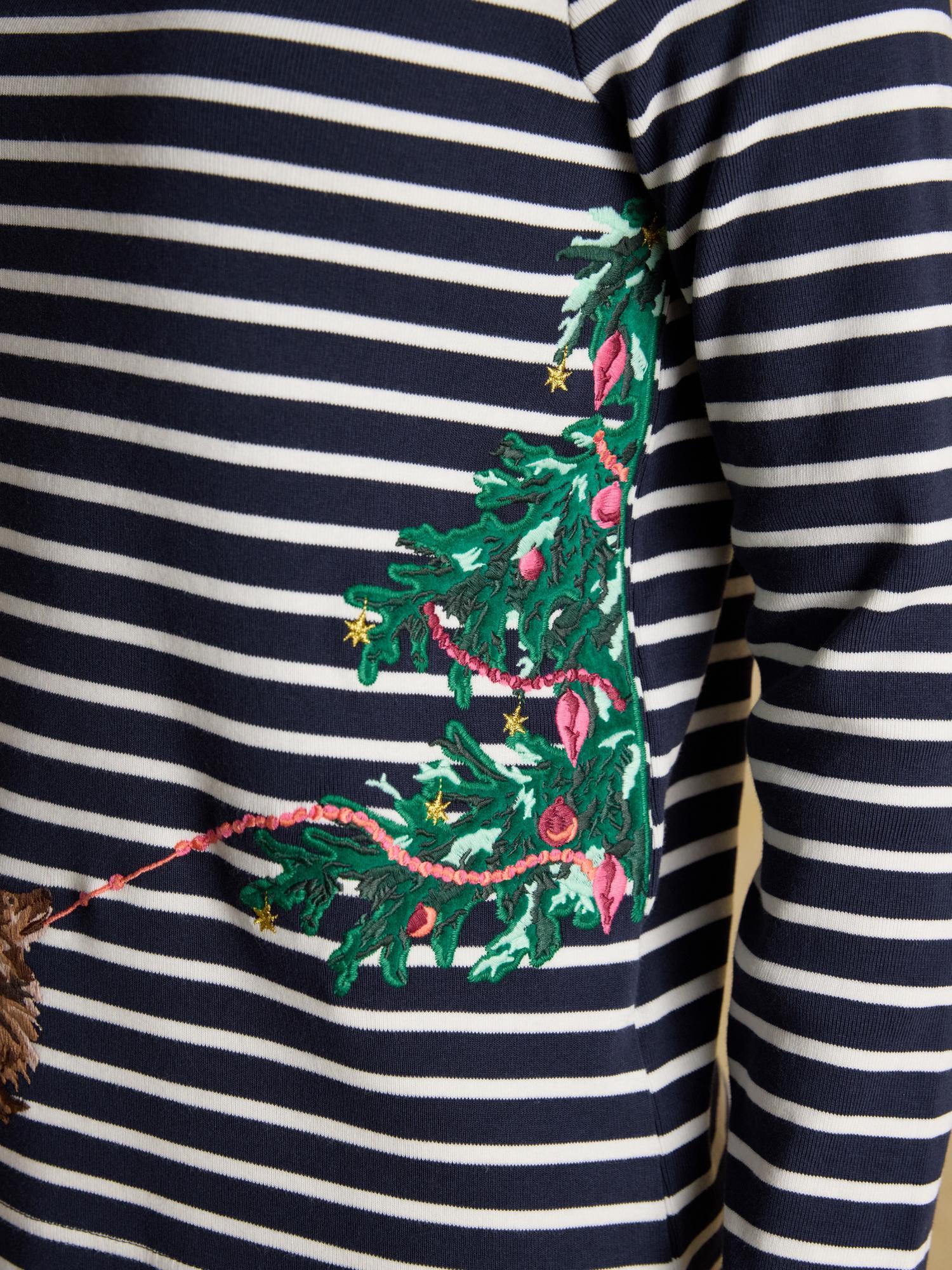 Joules Festive Harbour Dog Breton Top: Navy/Cream striped boat neck shirt with Christmas tree & dog design. Long sleeve.
