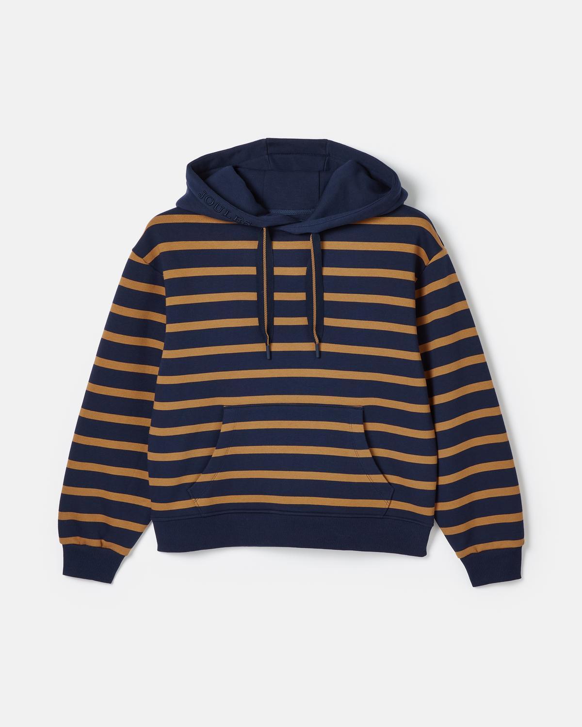 JOULES Milbourne Navy Tan Stripe Hoodie - Men's Striped Sweatshirt with Hood and Kangaroo Pocket
