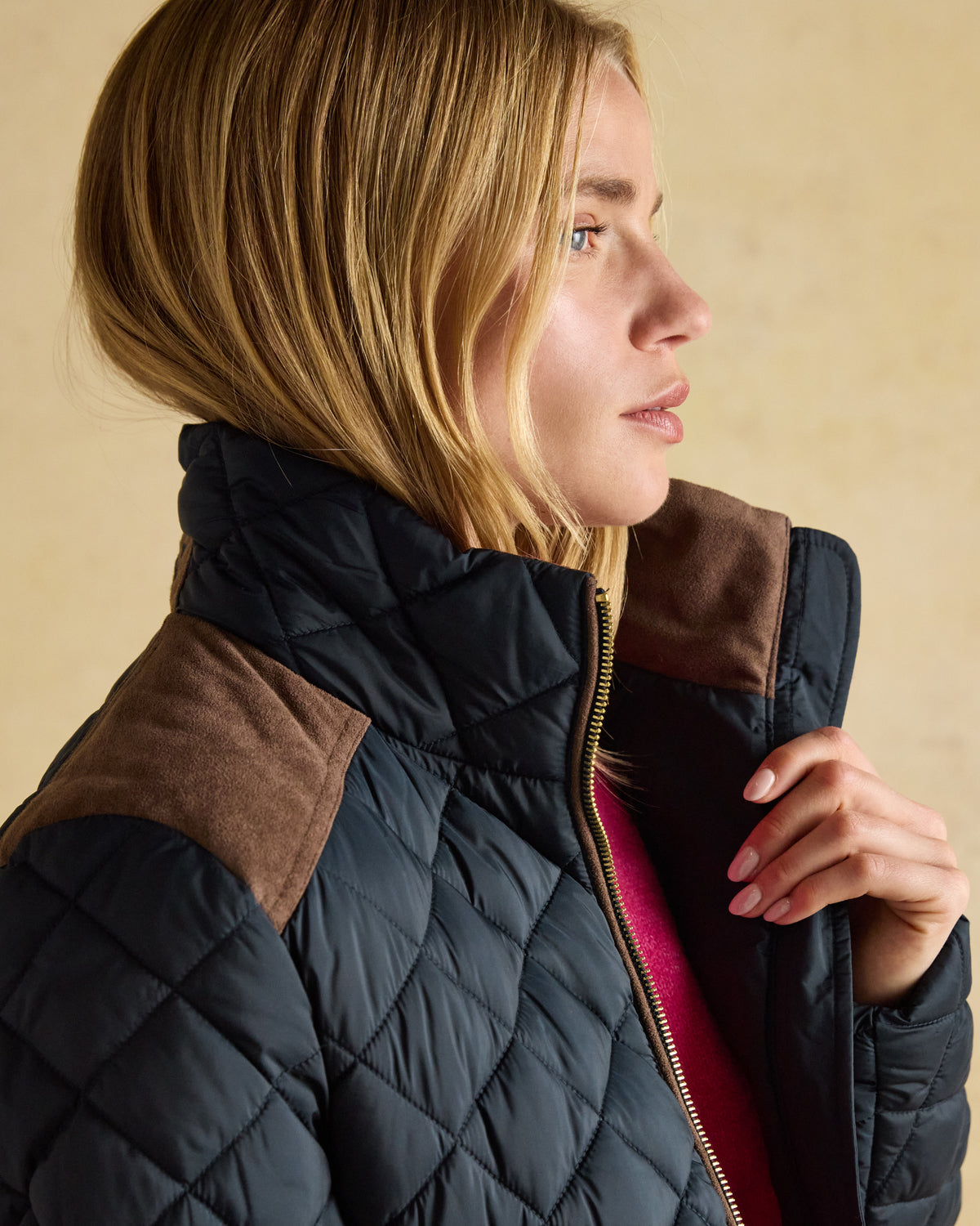JOULES Navy Quilted Coat: Showerproof Diamond Jacket with Suede Details for Women's Outerwear