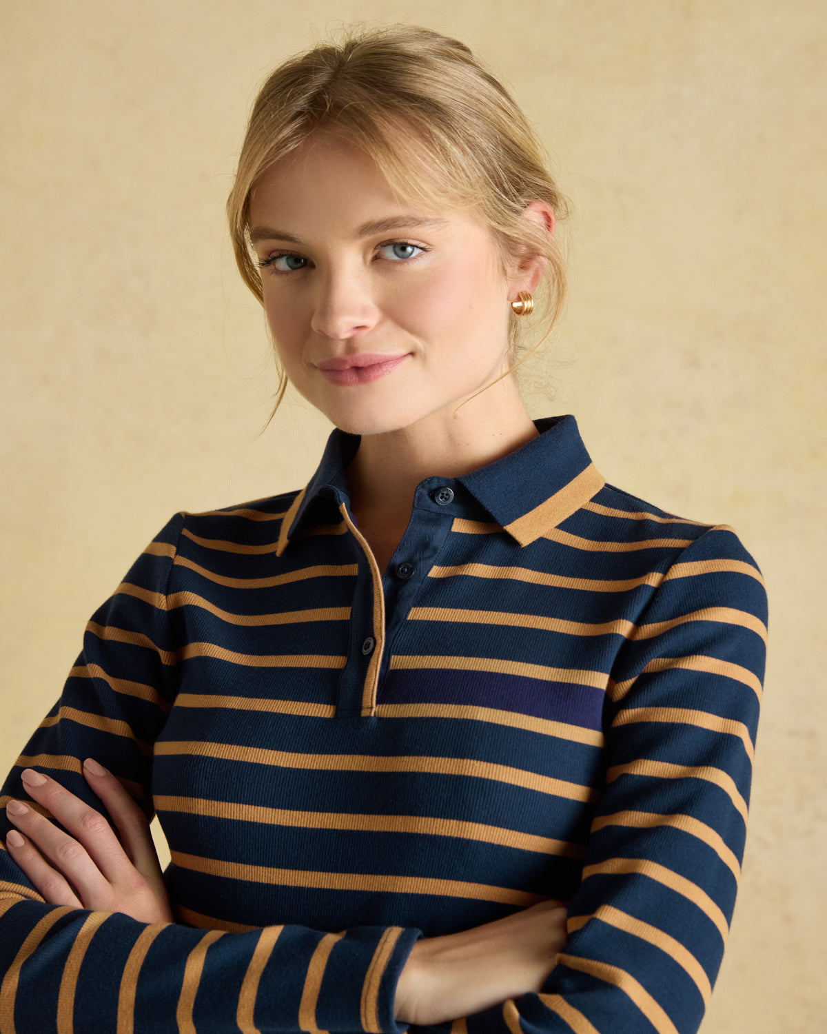Joules Fairfield Navy & Brown Striped Ribbed Long Sleeve Polo Shirt. Women's Casual Fashion. Equiflair Store.