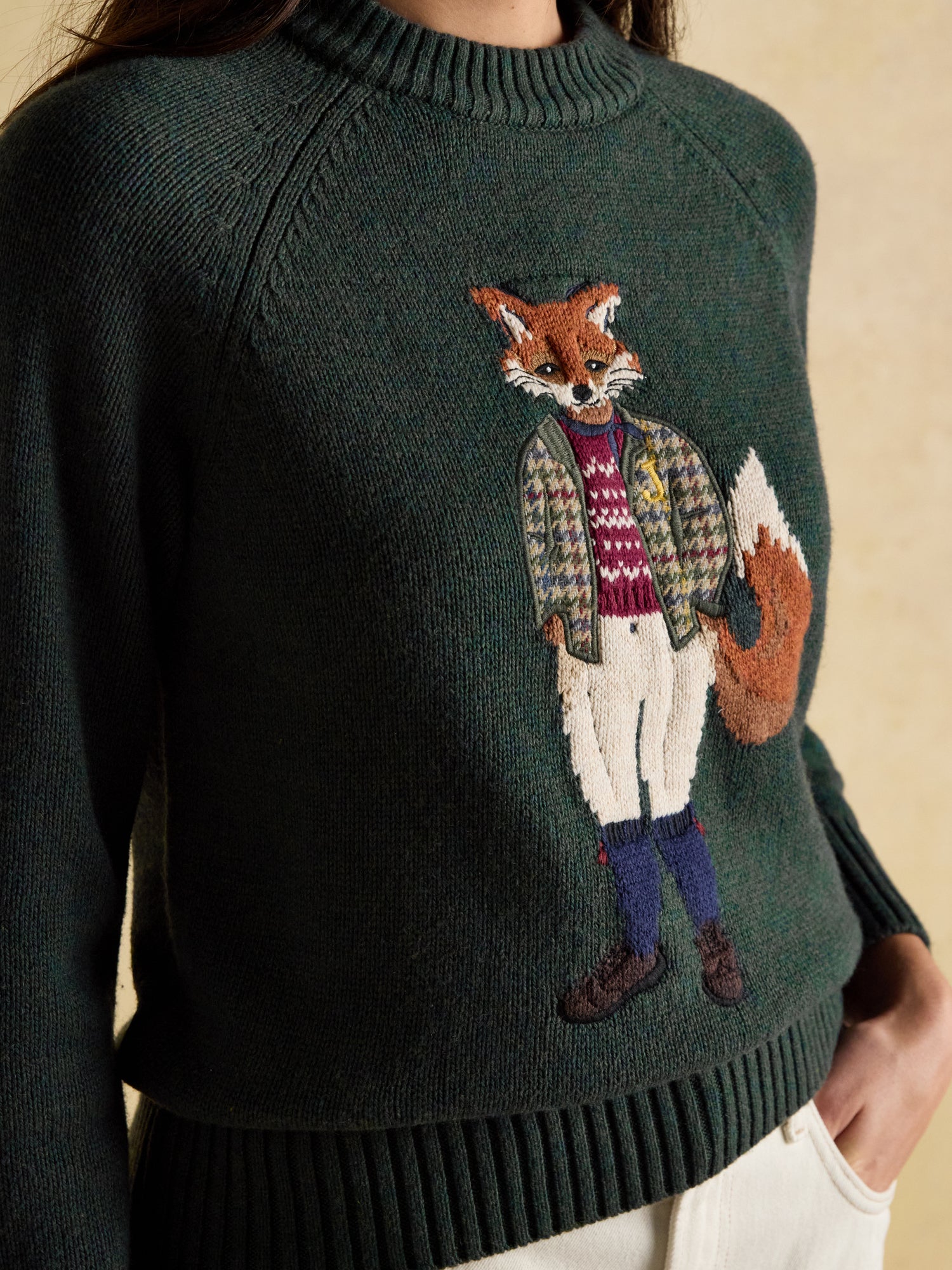 JOULES Green Jumper with Embroidered Fox: Crew Neck Raglan Sleeve Knitwear | Intarsia Jonty Fox