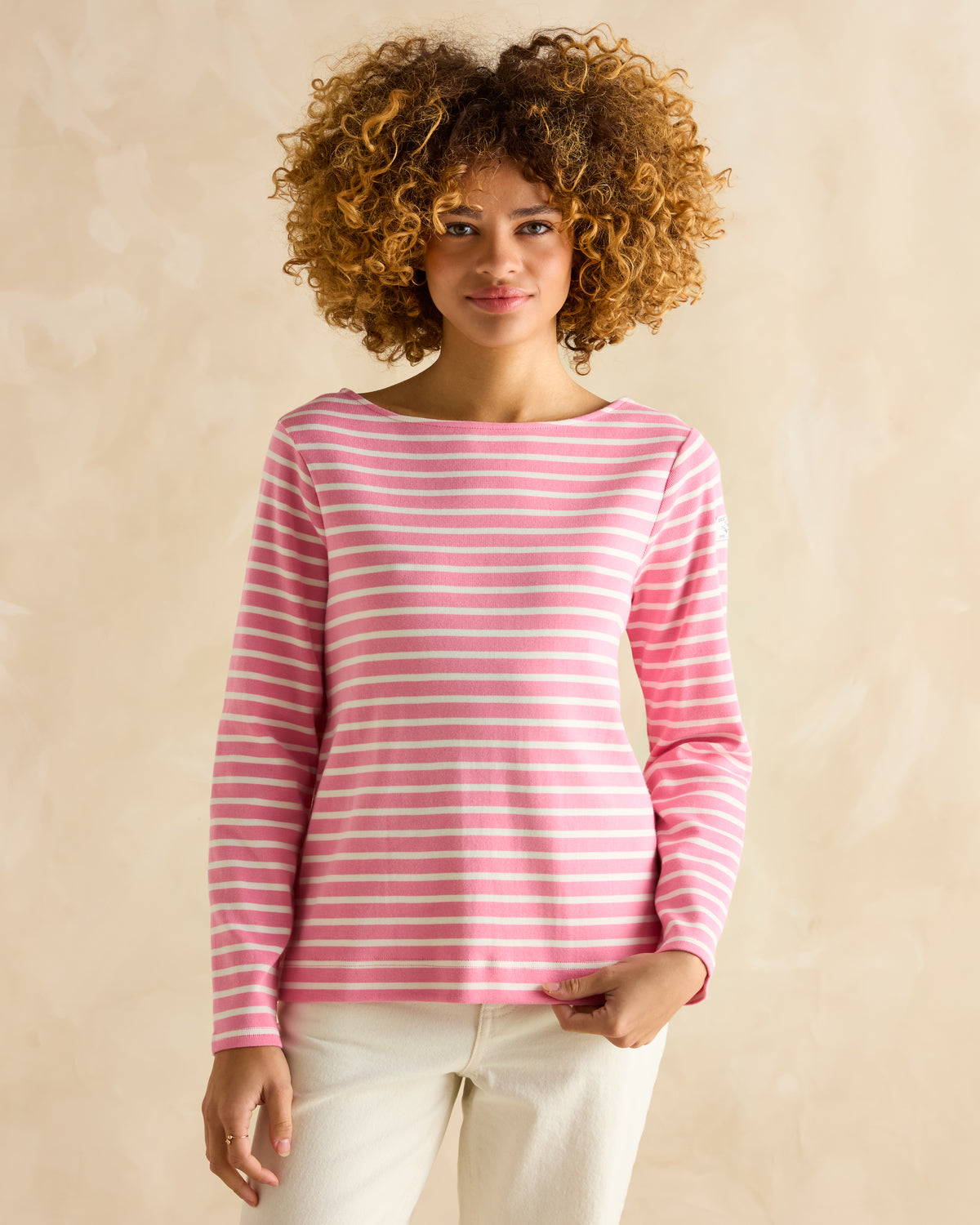 Joules Harbour Pink/White Striped Breton Top: Women's Relaxed Fit Long Sleeve Shirt
