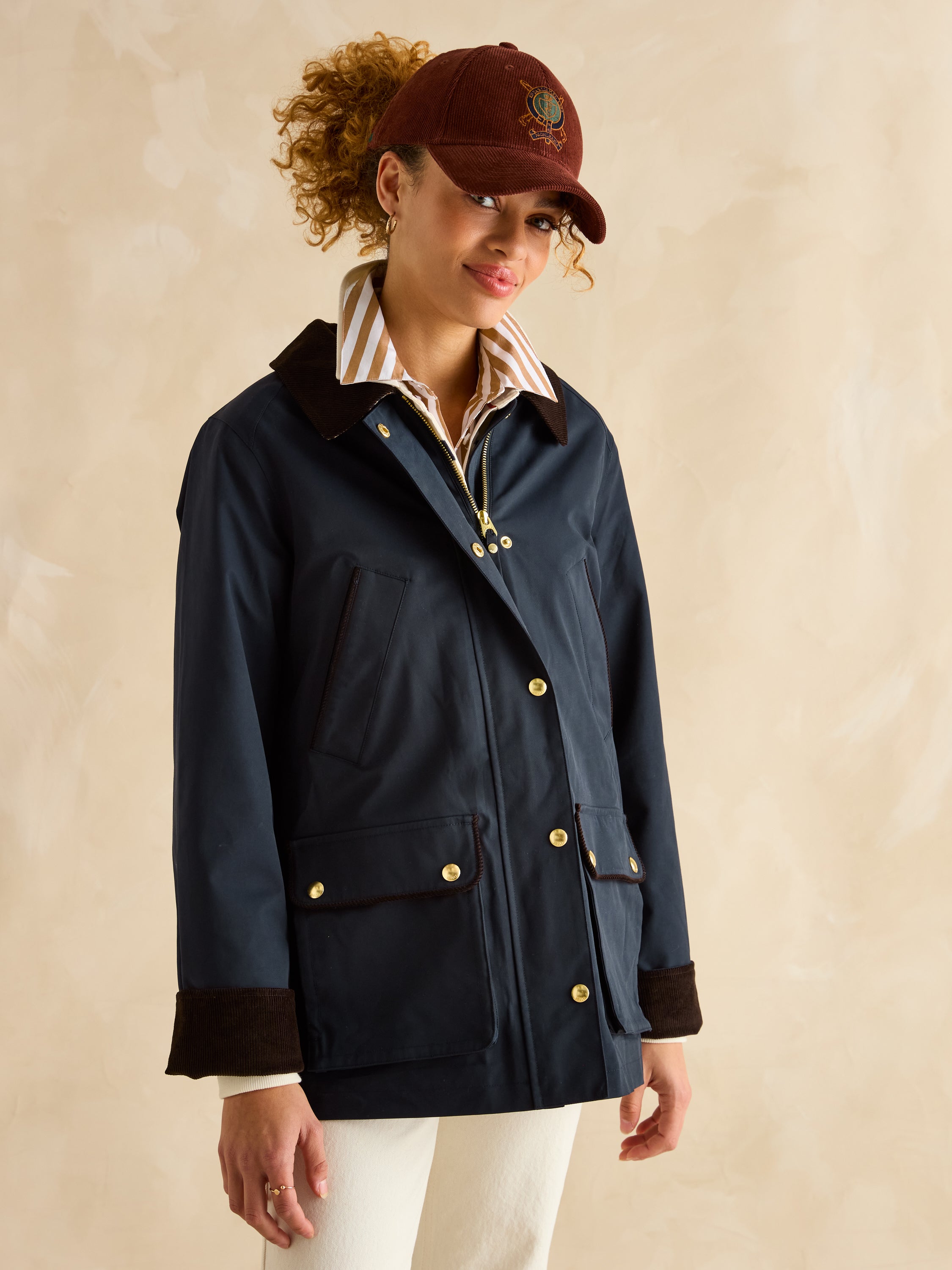 Joules Katherine Navy Waterproof Coat with Corduroy Collar & Striped Shirt. Heritage Style Outdoor Clothing at Equiflair.