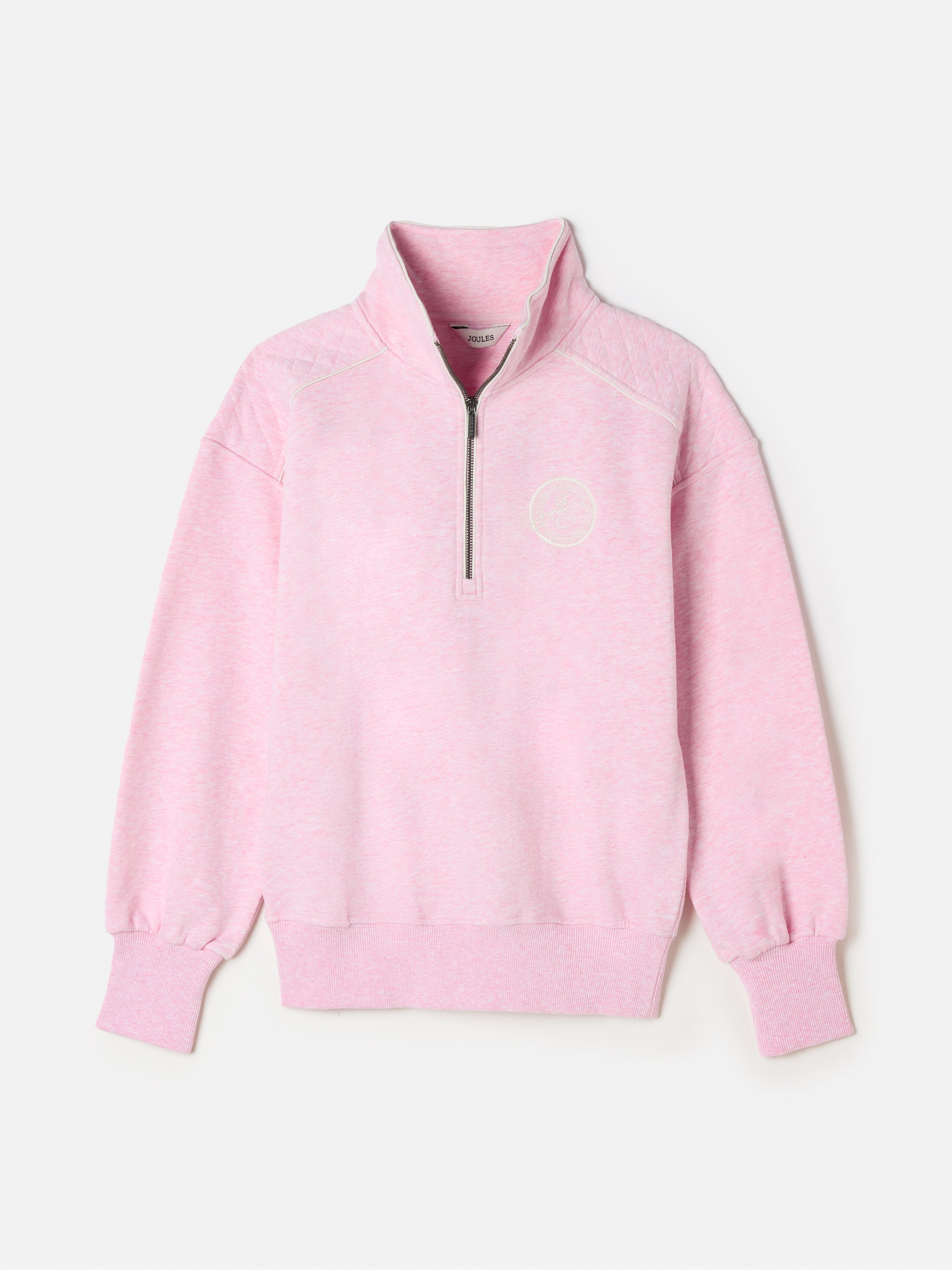 Joules Racquet Pink Sweatshirt: Half Zip, Quilted Shoulders, Country Club Style. Shop Equiflair for Joules Sweaters!