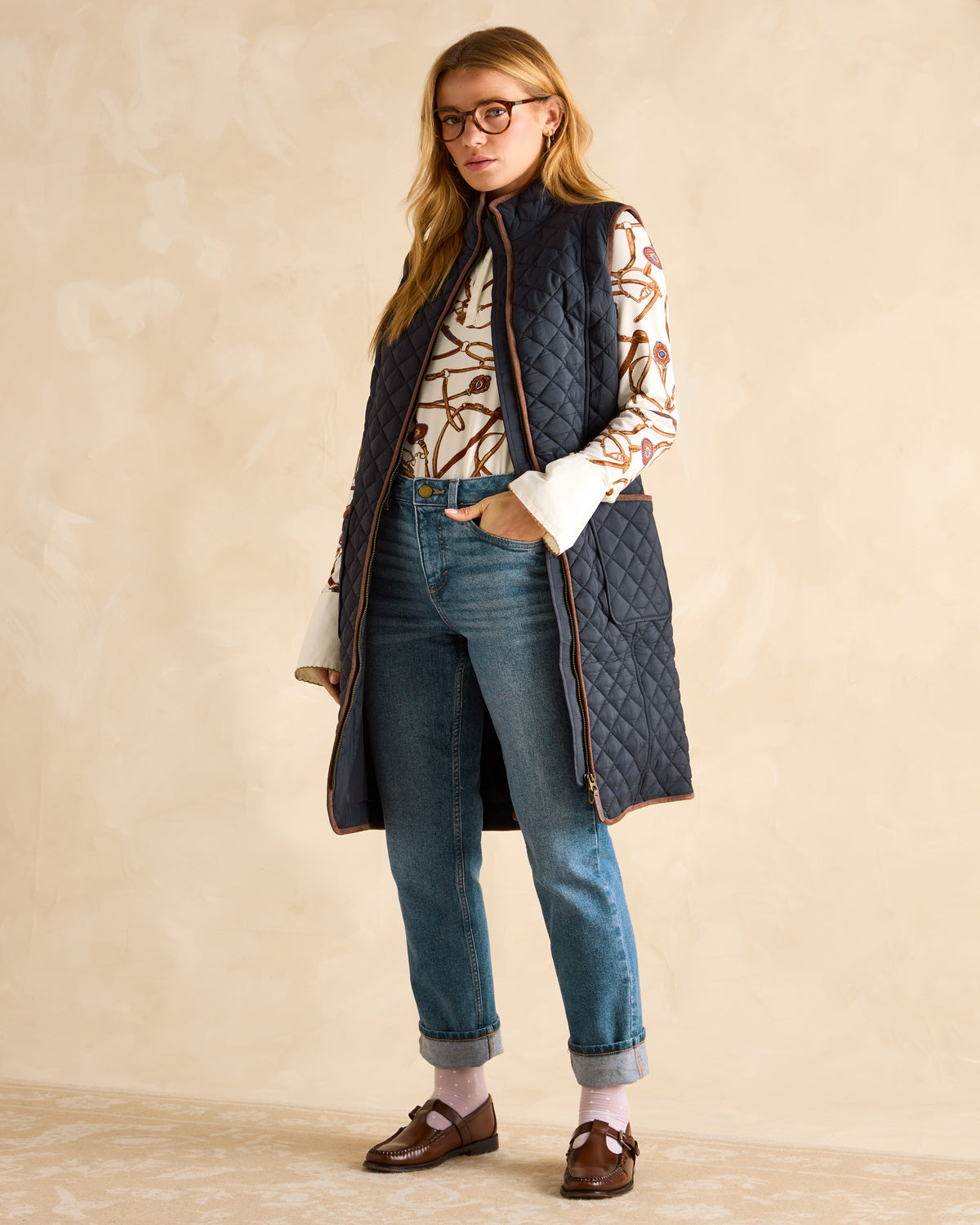 JOULES SUTTON QUILTED GILET Navy - Women's Longline Diamond Quilted Vest Outerwear
