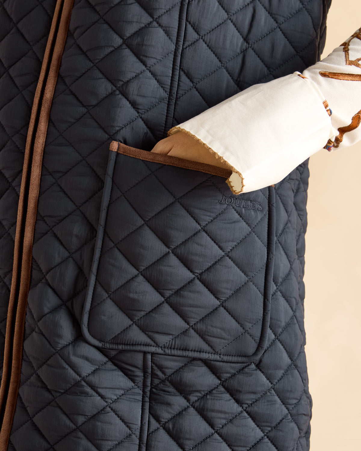 Joules Sutton Navy Quilted Gilet with Brown Trim - Longline, Showerproof Women's Vest