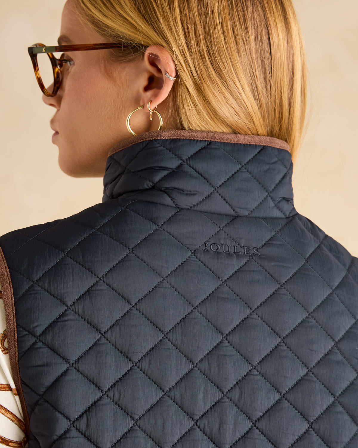 JOULES Navy Quilted Gilet Back View - Diamond Pattern Showerproof Vest for Women