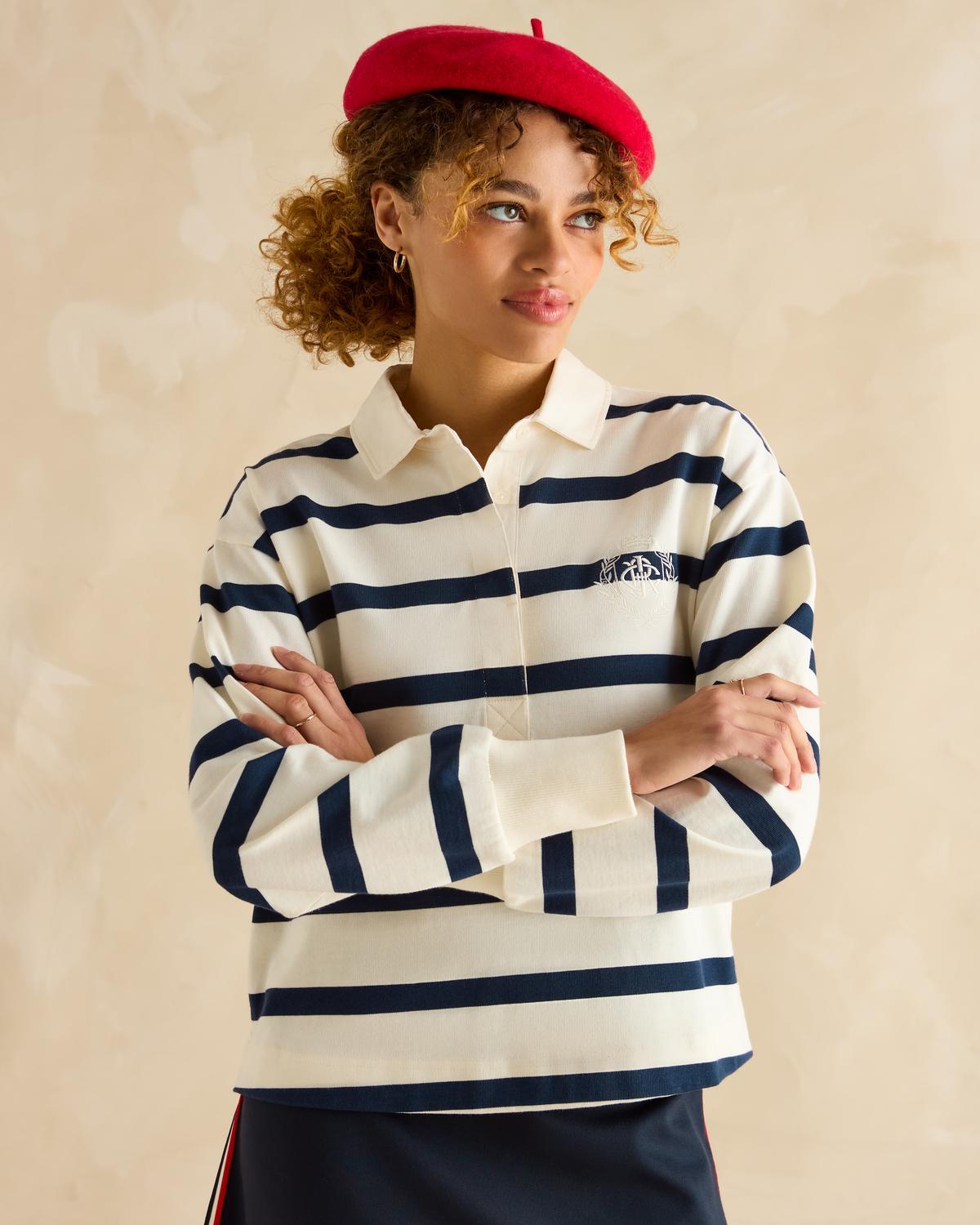 JOULES LARA NAVY STRIPE Rugby Shirt - Stylish long-sleeve striped top for women.
