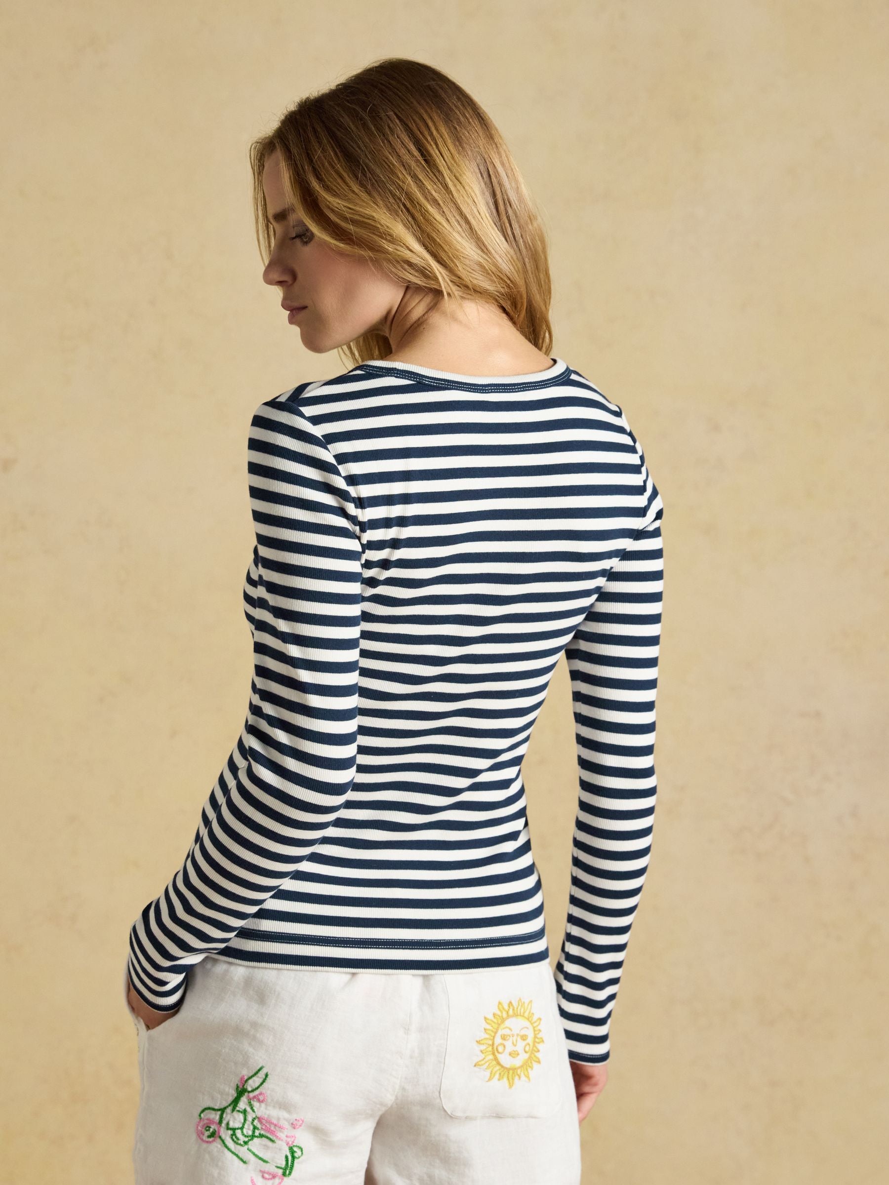 Joules Sophie T-shirt: Navy striped, ribbed, fitted long sleeve tee with crew neck.