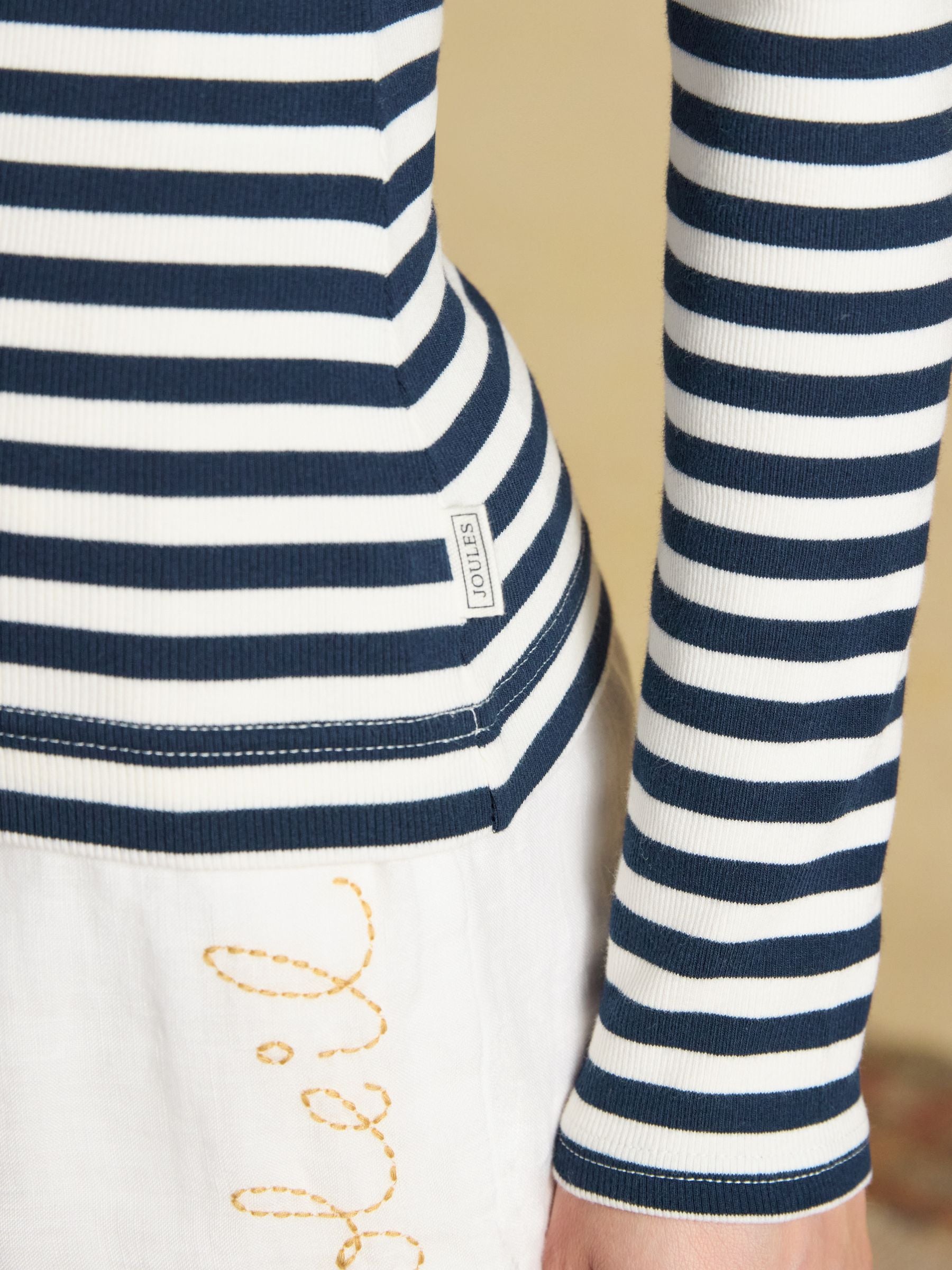 Joules Sophie Navy Striped Ribbed Fitted Long Sleeve T-Shirt - Soft Cotton Blend