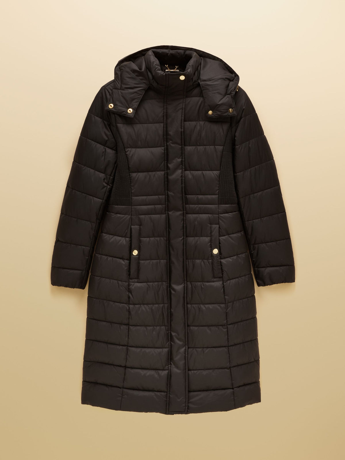 Women's black Joules Windborough showerproof longline hooded puffer coat