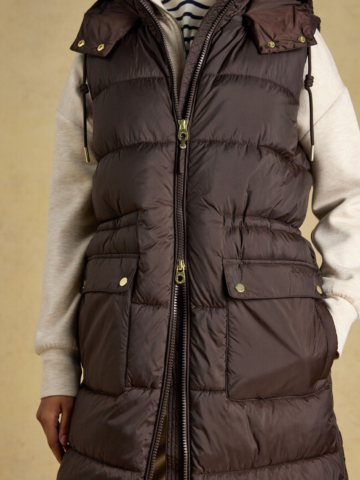 Women's Joules Chocolate Brown Showerproof Longline Padded Gilet - Versatile Layering