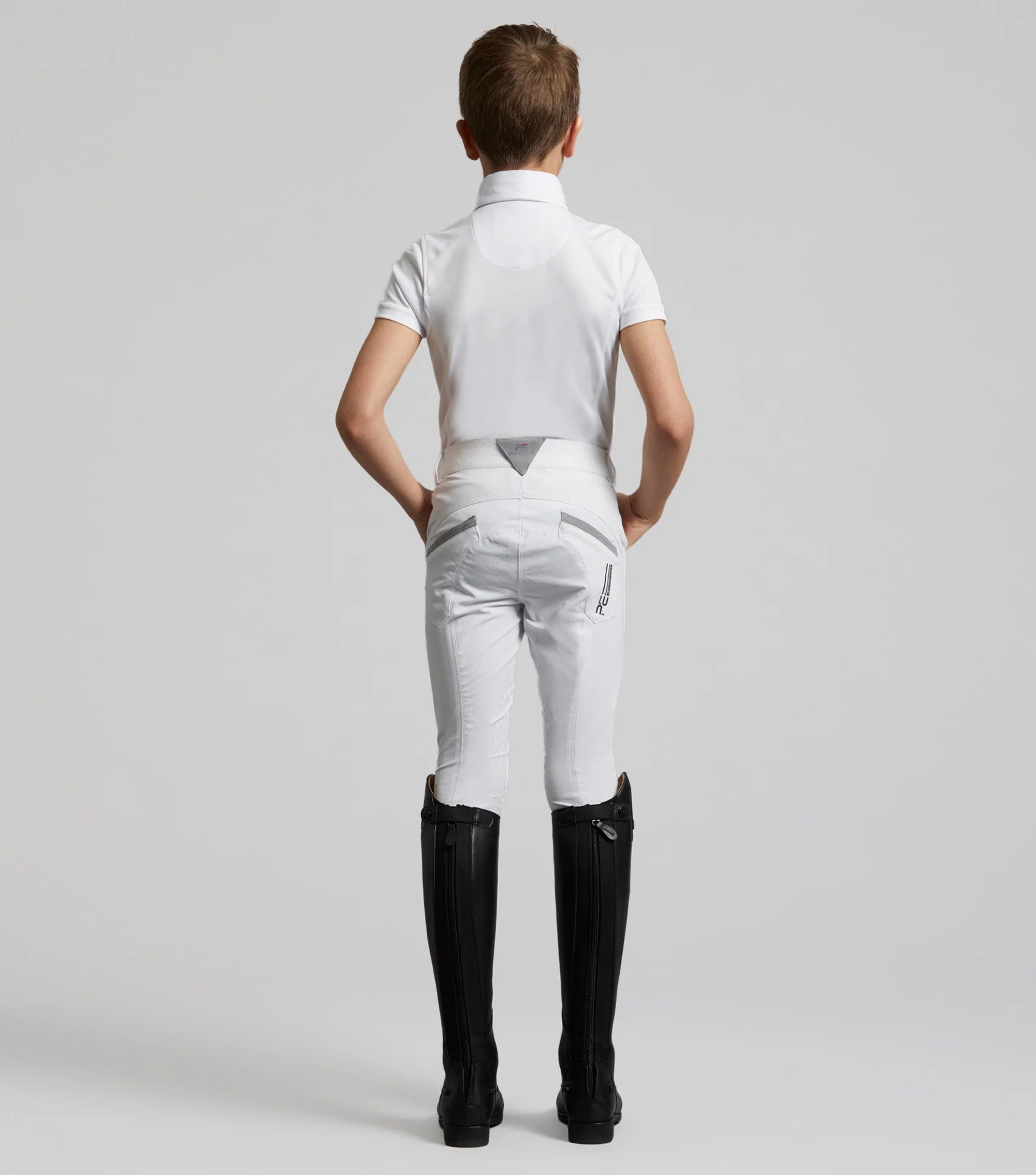 Boys Riding Breeches: PREMIER EQUINE White Competition Breeches with Gel Knee Patches for Equestrian Performance.