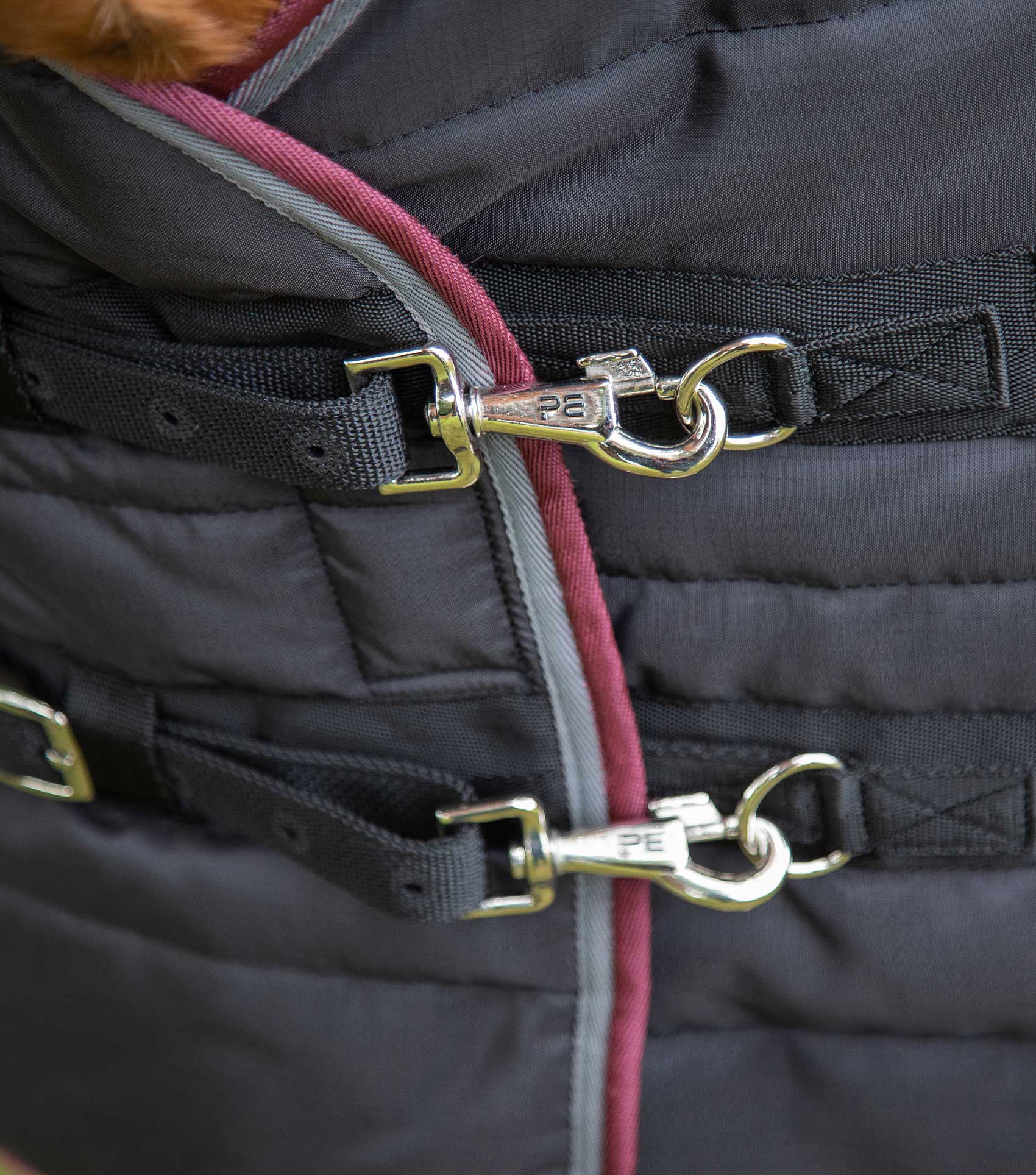 Premier Equine Garissa Stable Rug Black: Quilted horse blanket with stainless steel buckles and durable construction.