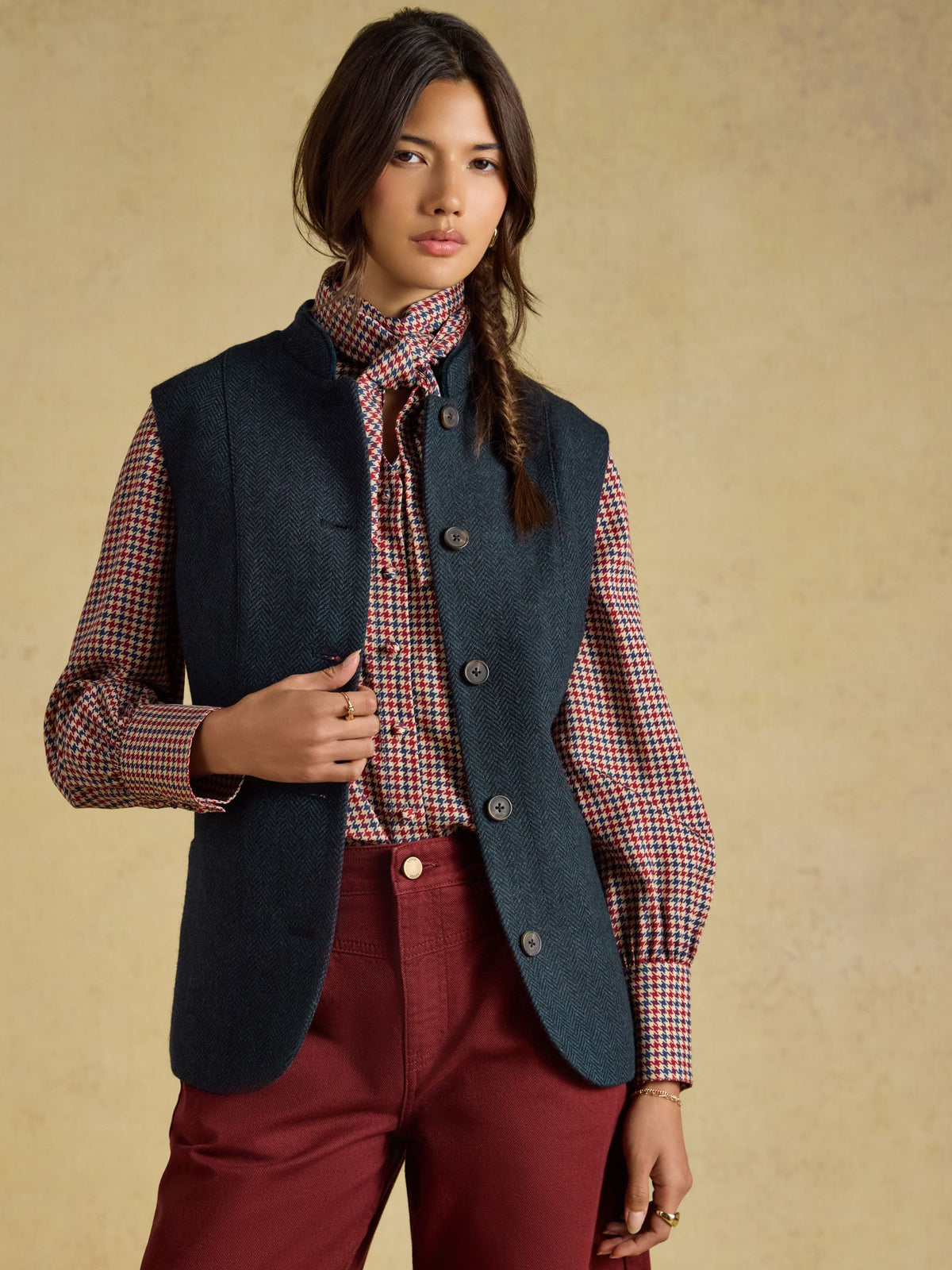 Joules women's navy herringbone tweed wool blend Nehru collar gilet vest for country style layering.